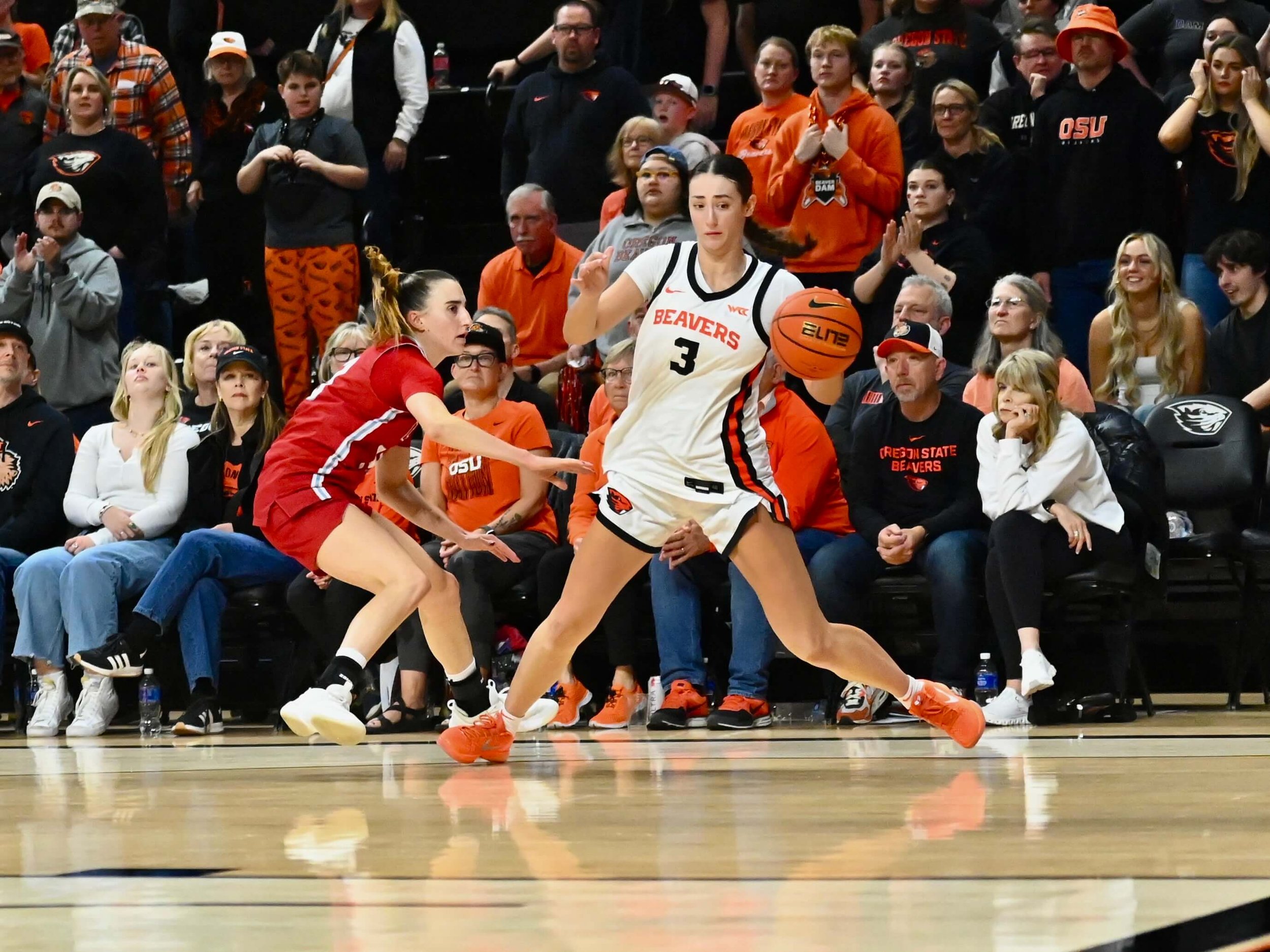 Junior Jenna Villa, here losing the ball for a critical turnover near the end of Saturday’s overtime loss to Loyola Marymount, is the Beavers’ leading scorer and a key cog in their bid to claim the WCC tourney title (courtesy Dominic Cusimano)