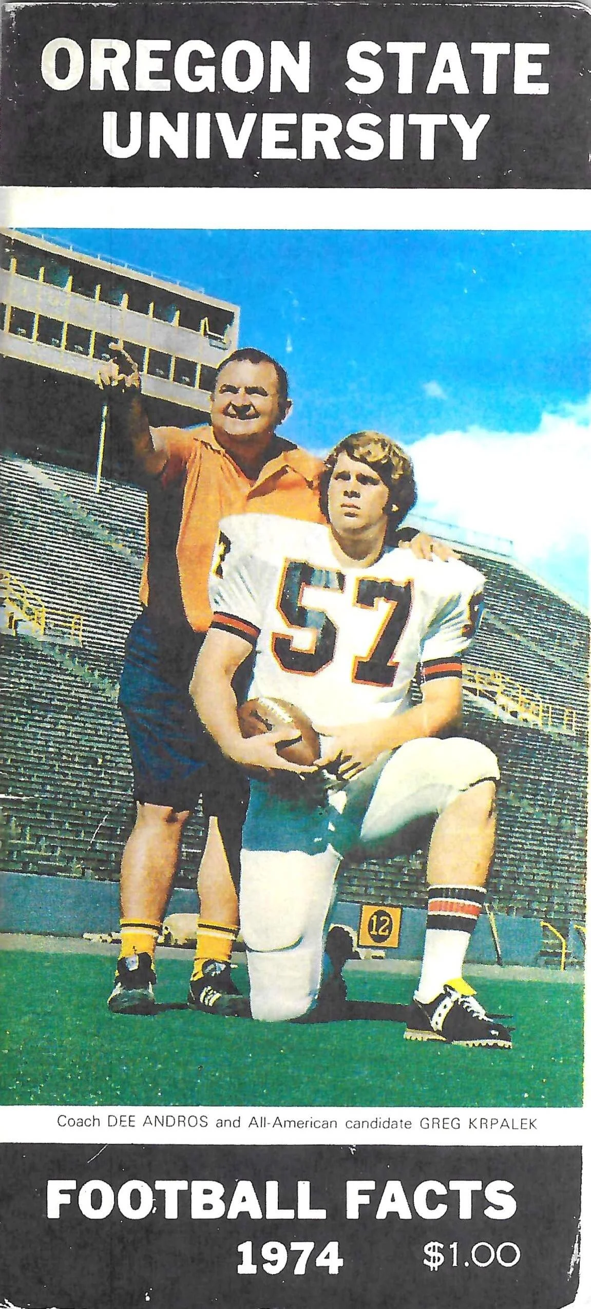 Coach Dee Andros points out a UFO in the sky to Greg Krpalek, a photo used on the Beavers’ 1974 press guide