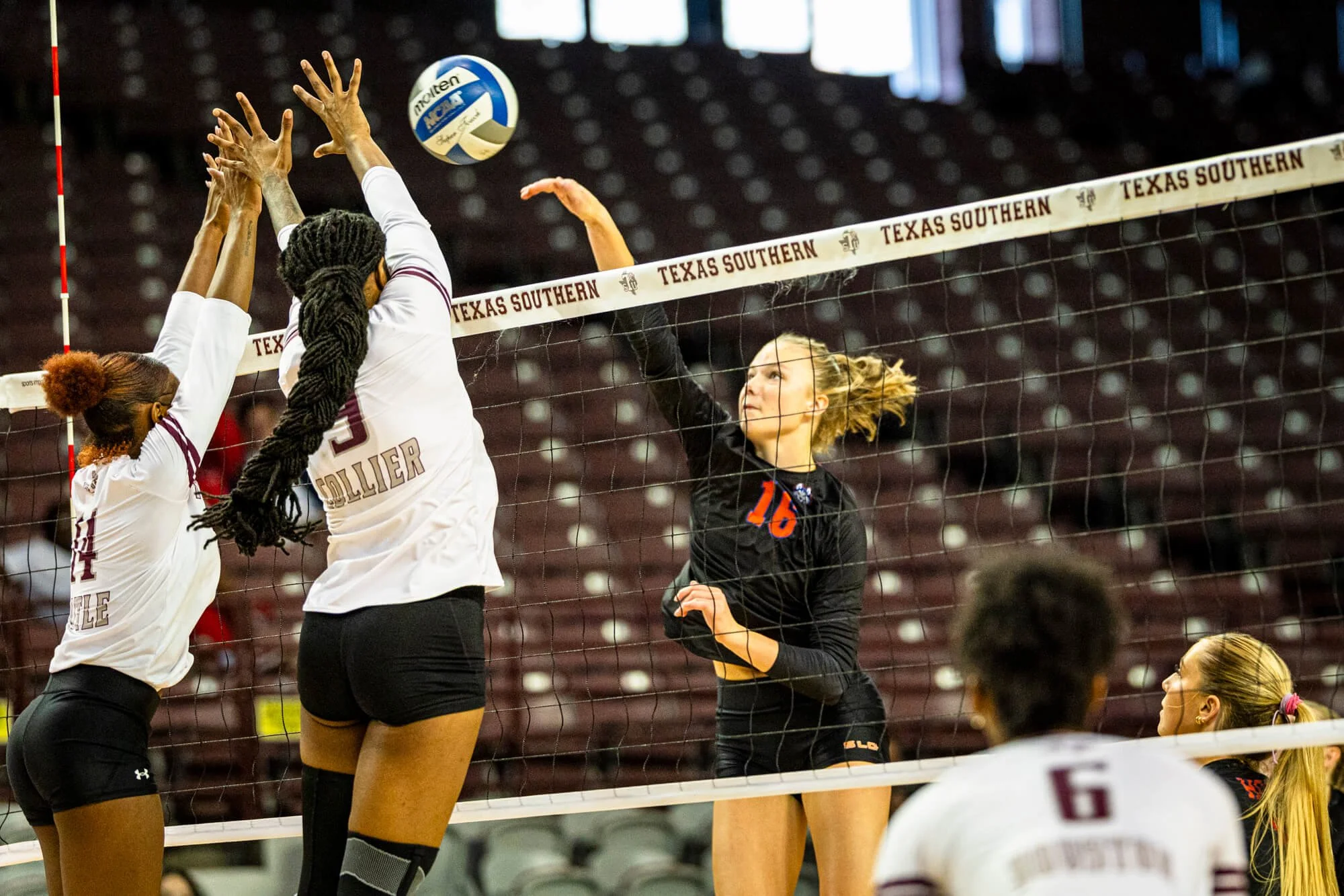 Joya Euhus, shown here on a tap attempt for Houston Christian, got her start in volleyball in middle school (courtesy Houston Christian athletics)