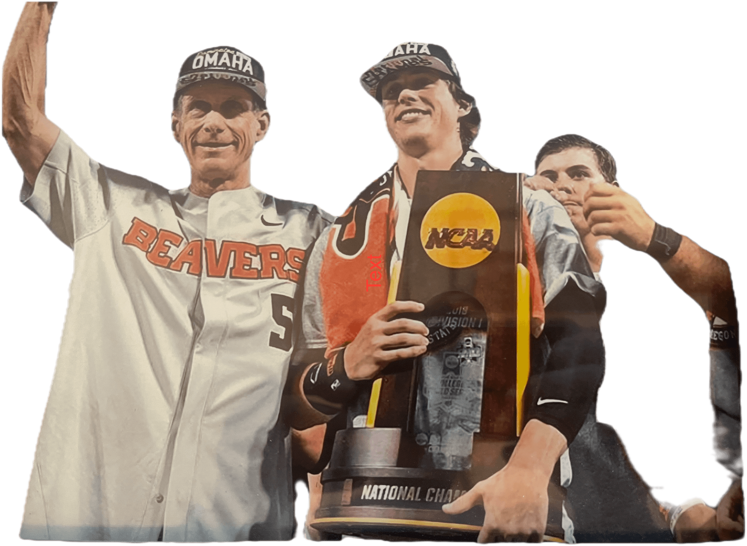 Pat Casey, with son Joe holding the trophy, after Oregon State’s College World Series championship in 2018 (courtesy Casey family)