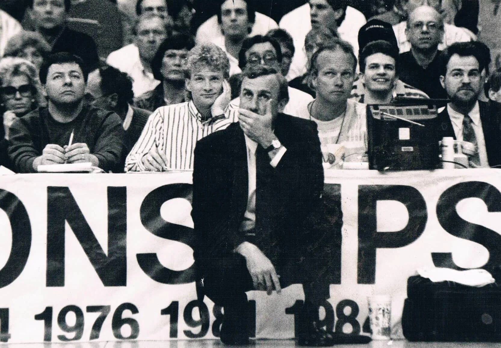 Rick Adelman during the 1990 NBA Finals. Behind him, from left, Paul Buker, Terry Frei and me along with Trail Blazers PR director John Lashway