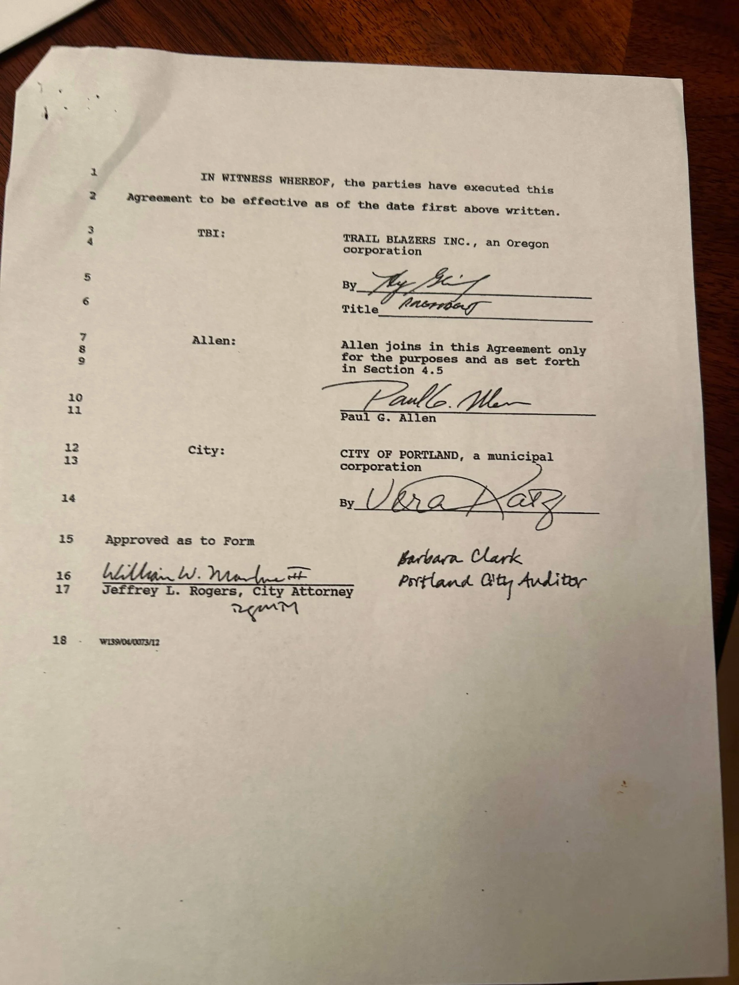 The final page of the Blazers’ exclusive site agreement with the city in 1993, signed by owner Paul Allen and mayor Vera Katz and verified by city auditor Barbara Clark