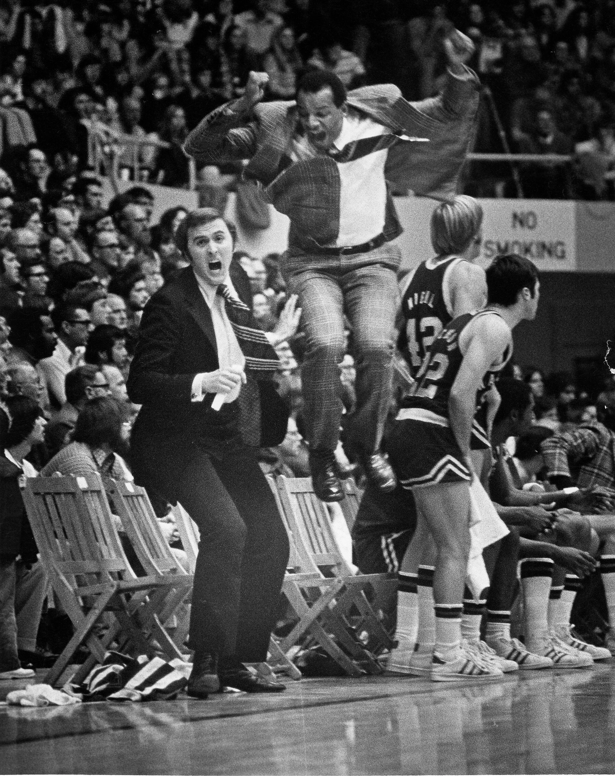 Washington State coach George Raveling displays David Thompson-like jump reach during a game at Gill Coliseum in the late 1970s (courtesy Dave Nishitani)