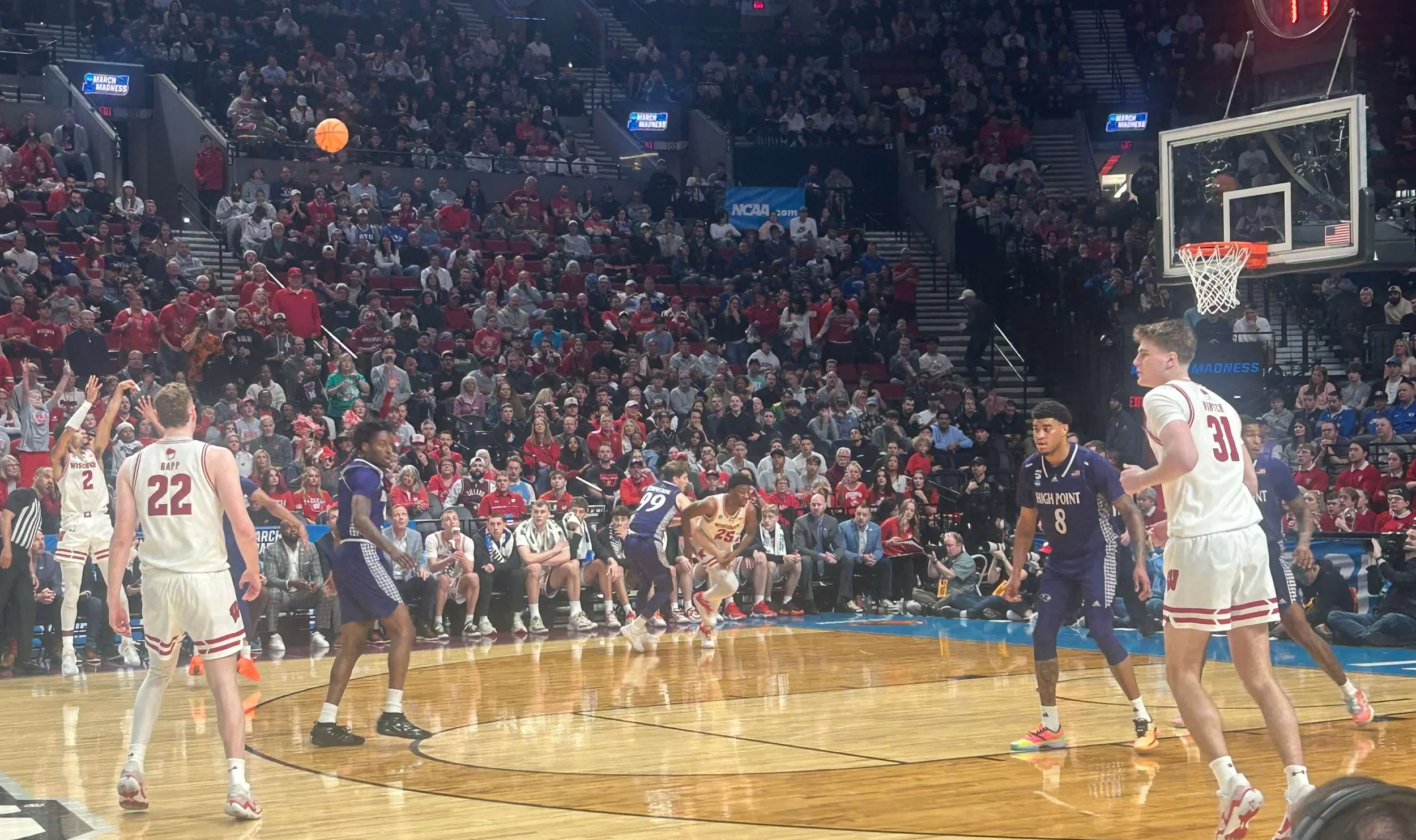Guard Nick Boyd, here launching a 3, scored a game-high 27 points but it wasn’t enough to continue Wisconsin’s season