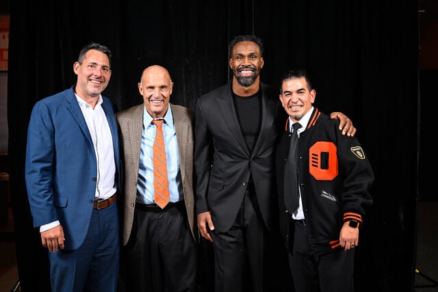OSU Athletics Hall of Fame inductees representing football, from left: Mike Hass, Mike Riley, Steven Jackson, Alexis Serna (courtesy Karl Maasdam/OSU Sports Communications)
