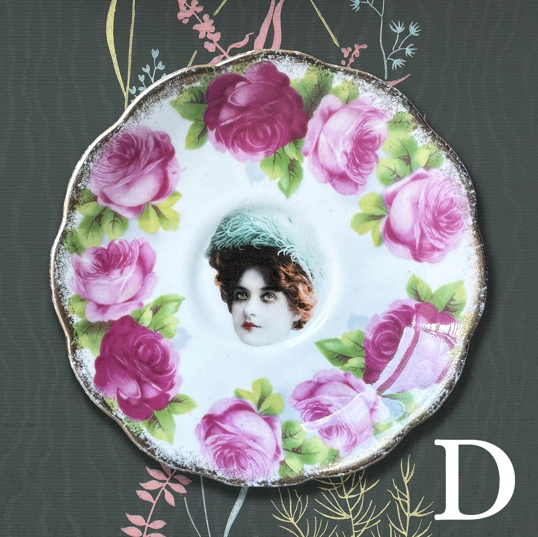 A vintage saucer with a picture of an 1800s woman