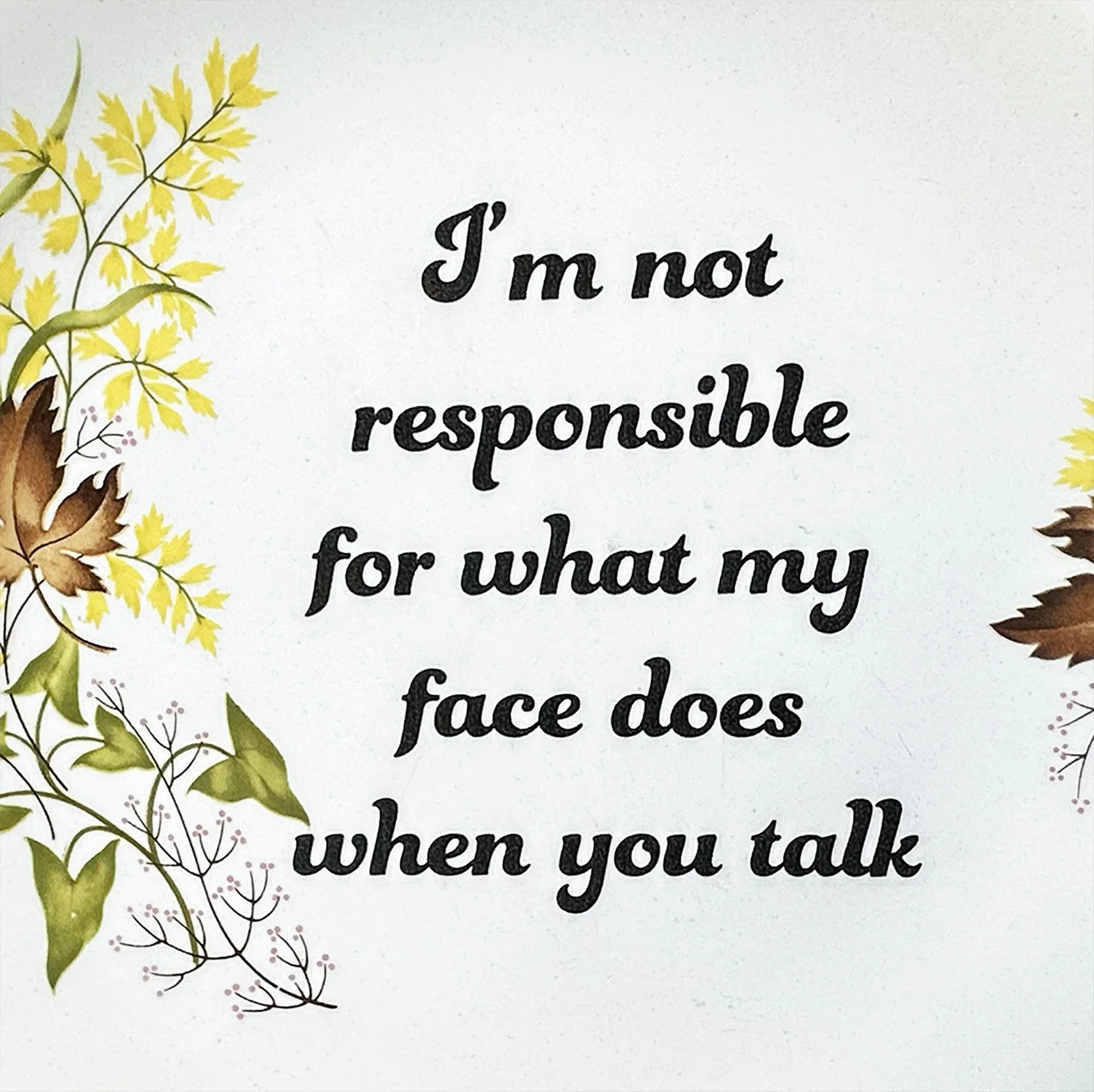 A vintage Crown Lynn Autumn Splendour plate with a quote “I’m not responsible for what my face does when you talk”