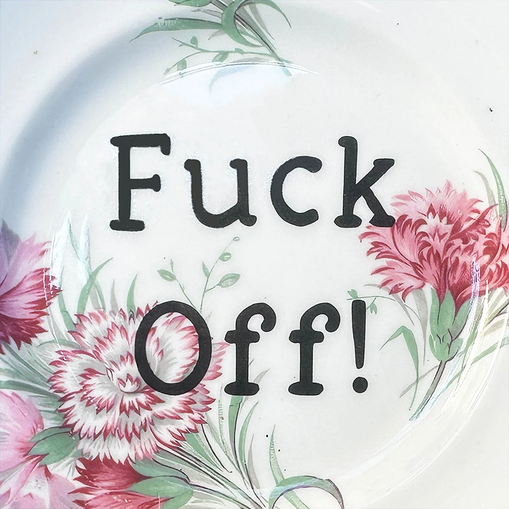 A vintage plate with a pink floral design and the words “Fuck off”