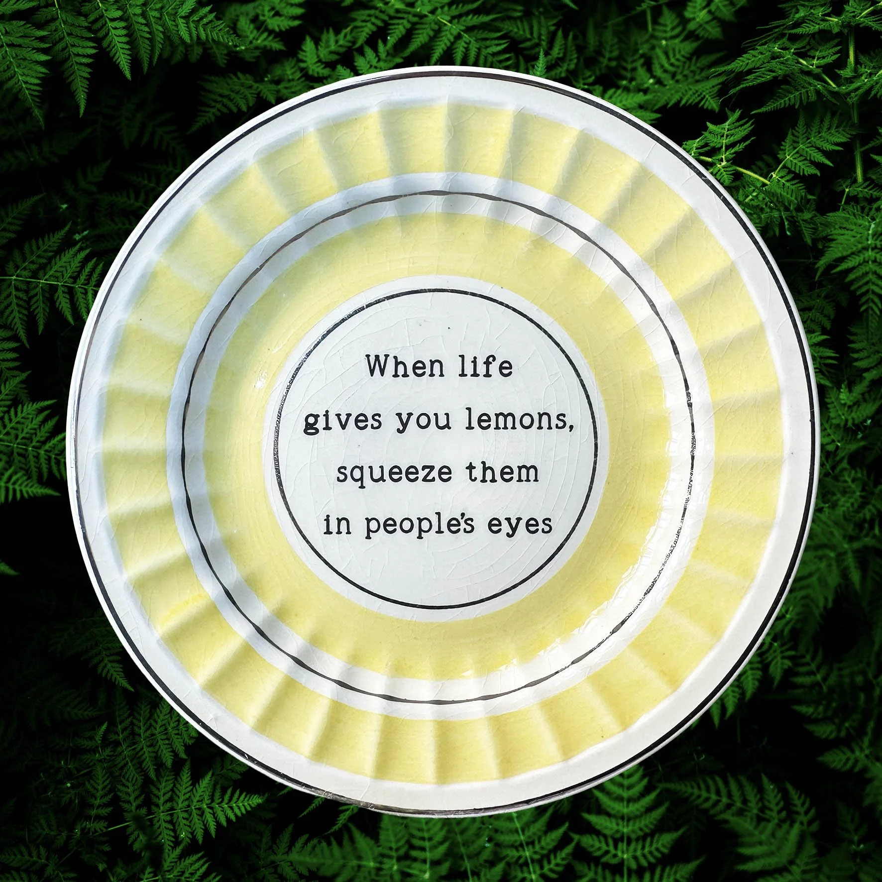 A yellow and white plate with the quote “when life wives you lemons, squeeze them in people’s eyes”