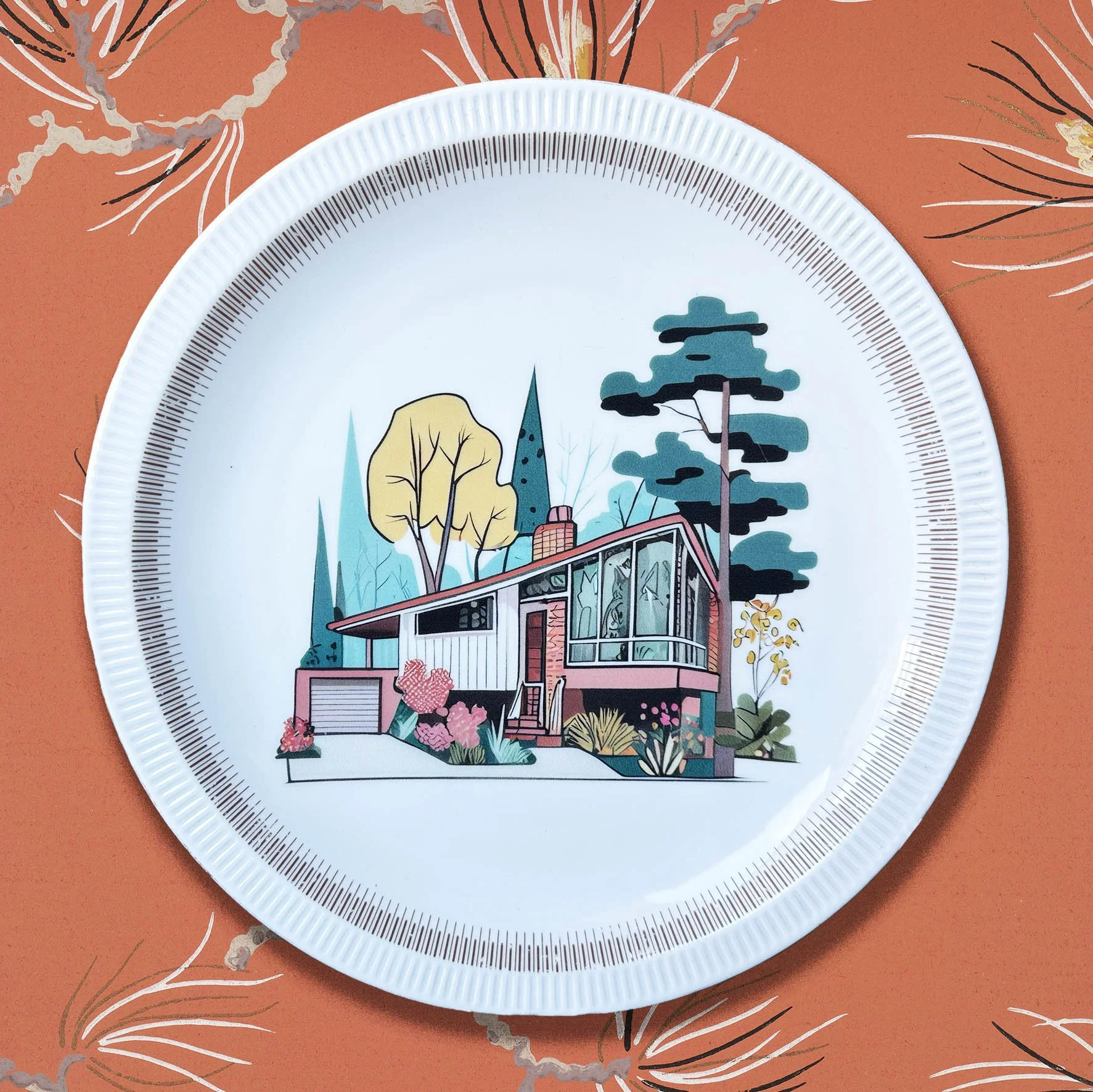 A vintage plate with an illustration of a mid century house