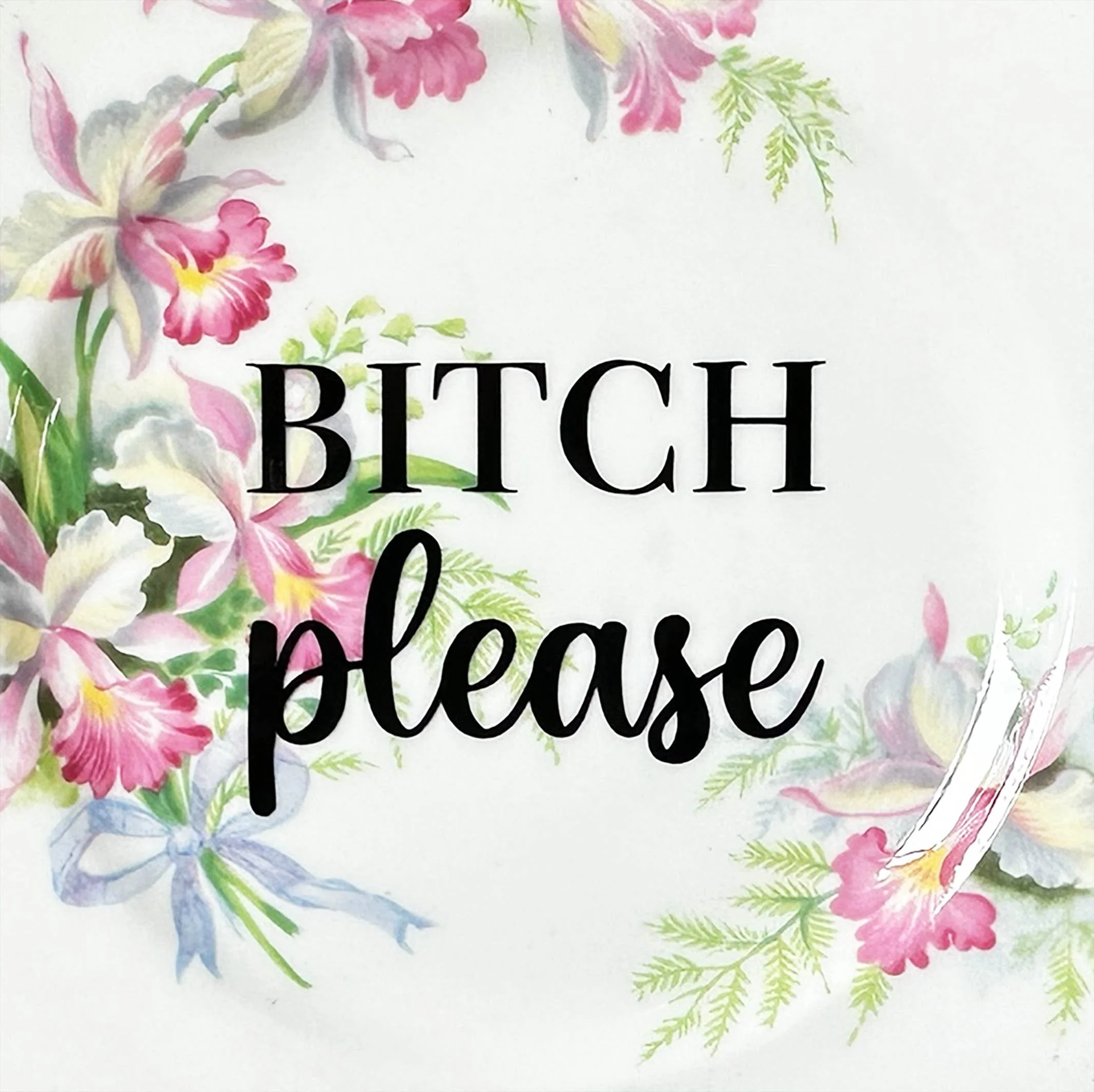 Bitch please, funny sassy vintage decorative wall plate, pink floral design with black writing