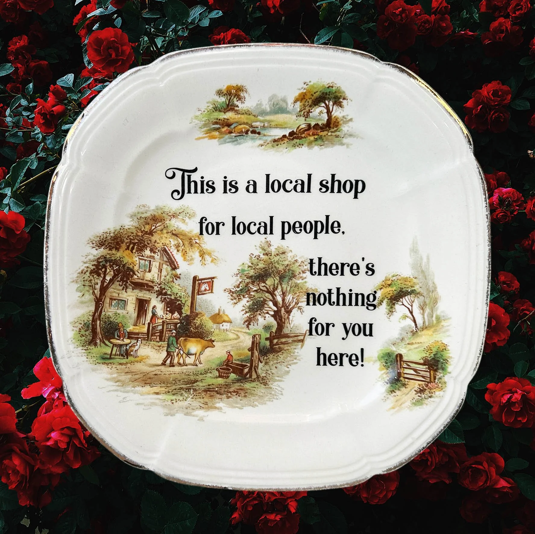 A vintage wall plate with a quote from The League Of Gentlemen "this is a local shop for local people, there's nothing for you here!"