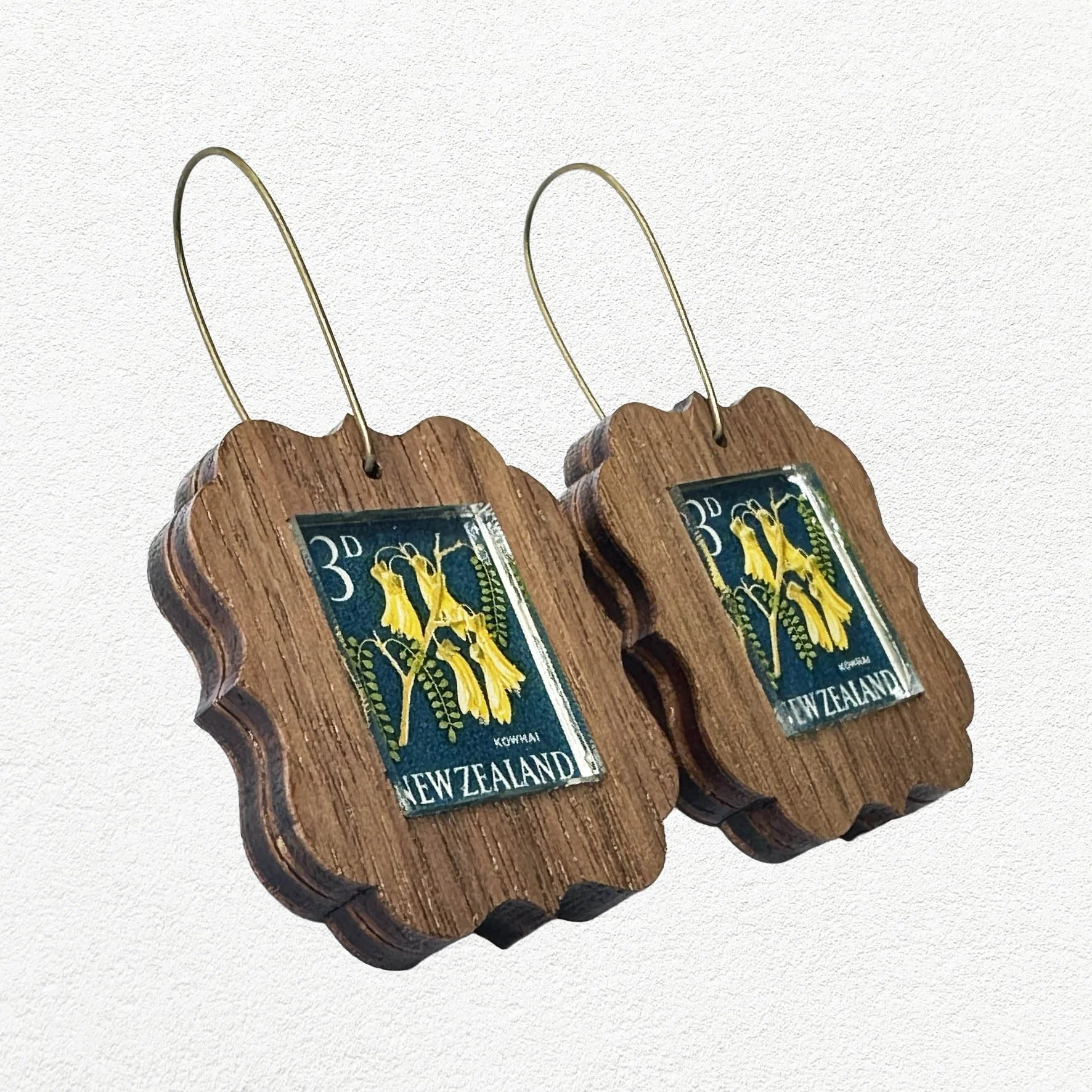 Wooden earrings featuring Kowhai New Zealand postage stamps