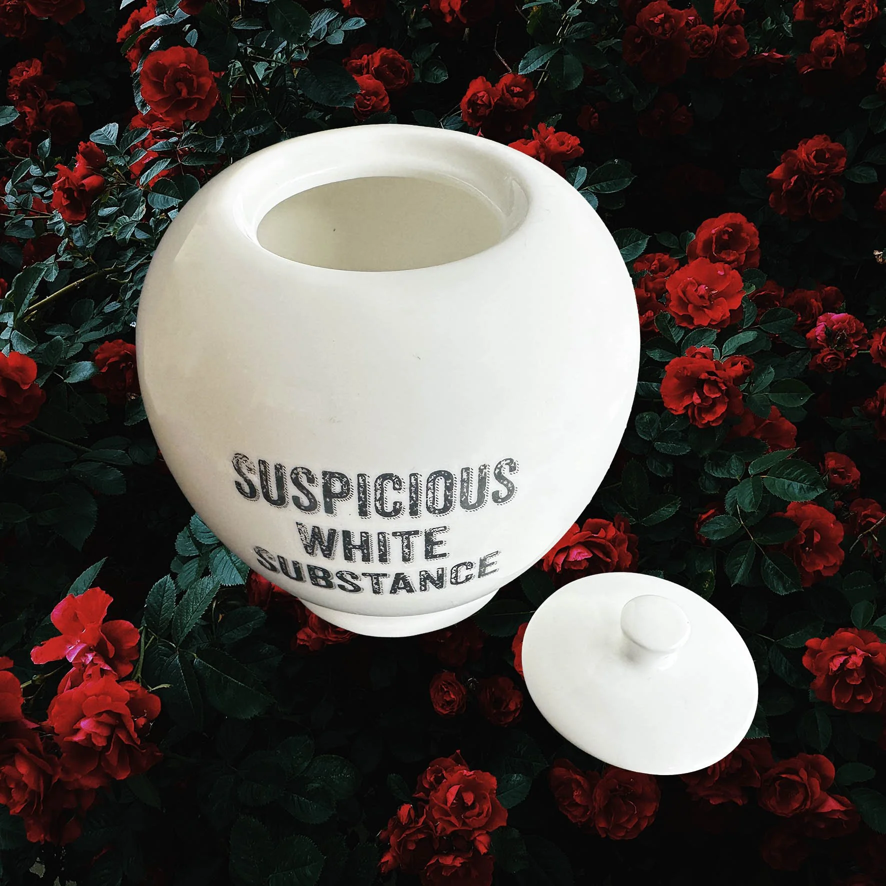 A round white sugar bowl with a quote “suspicious white substance”