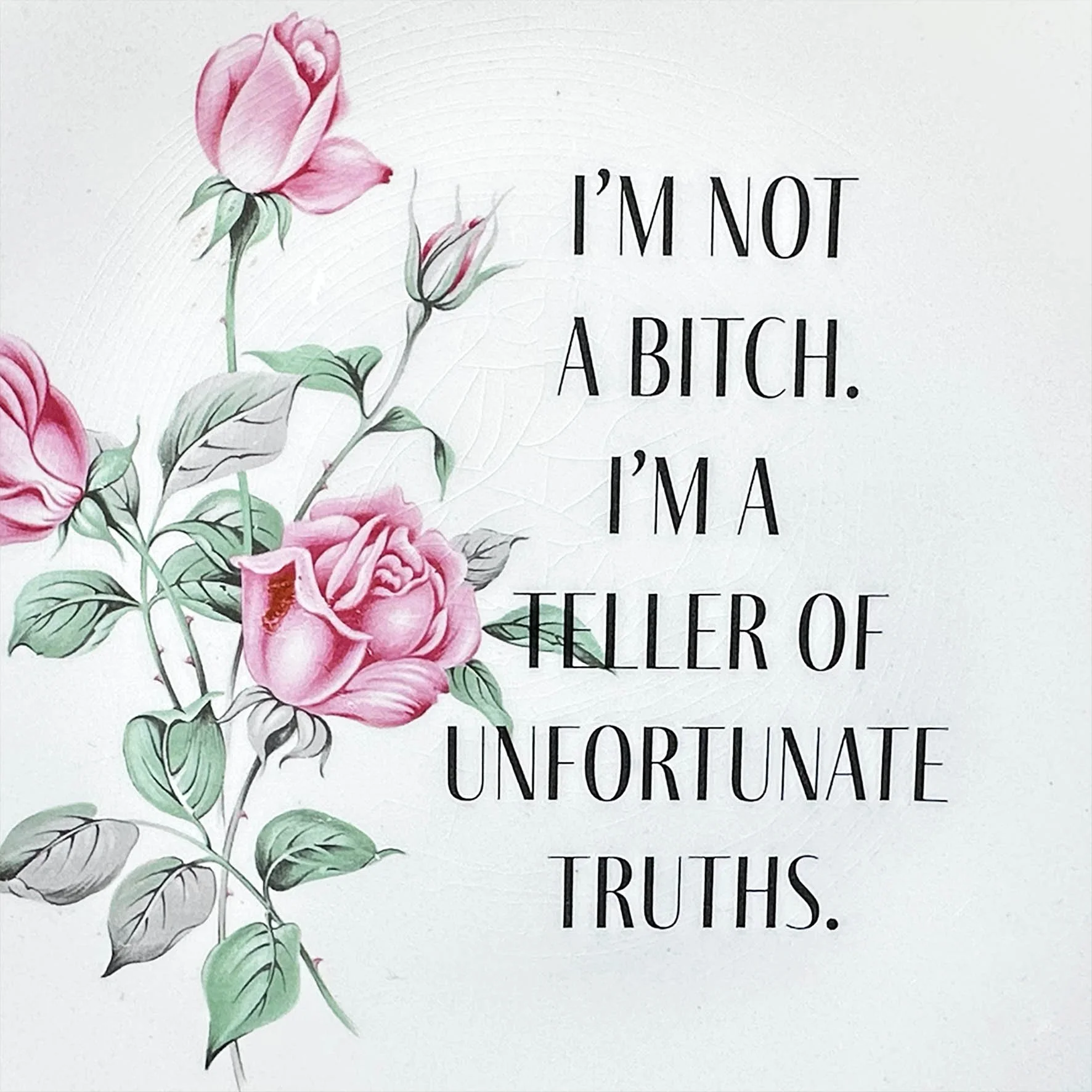 A vintage plate with a cheeky quote “I’m not a bitch. I’m a teller of unfortunate truths.”