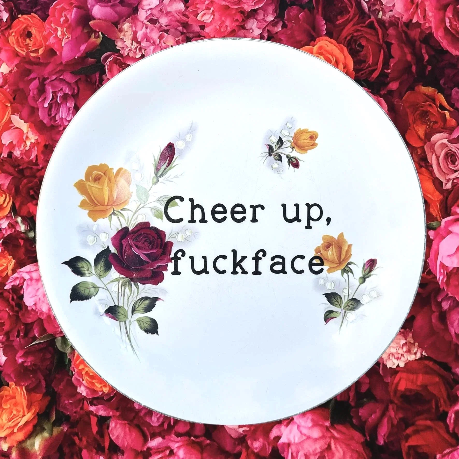 A vintage plate with red and roses and the quote "cheer up, fuckface"