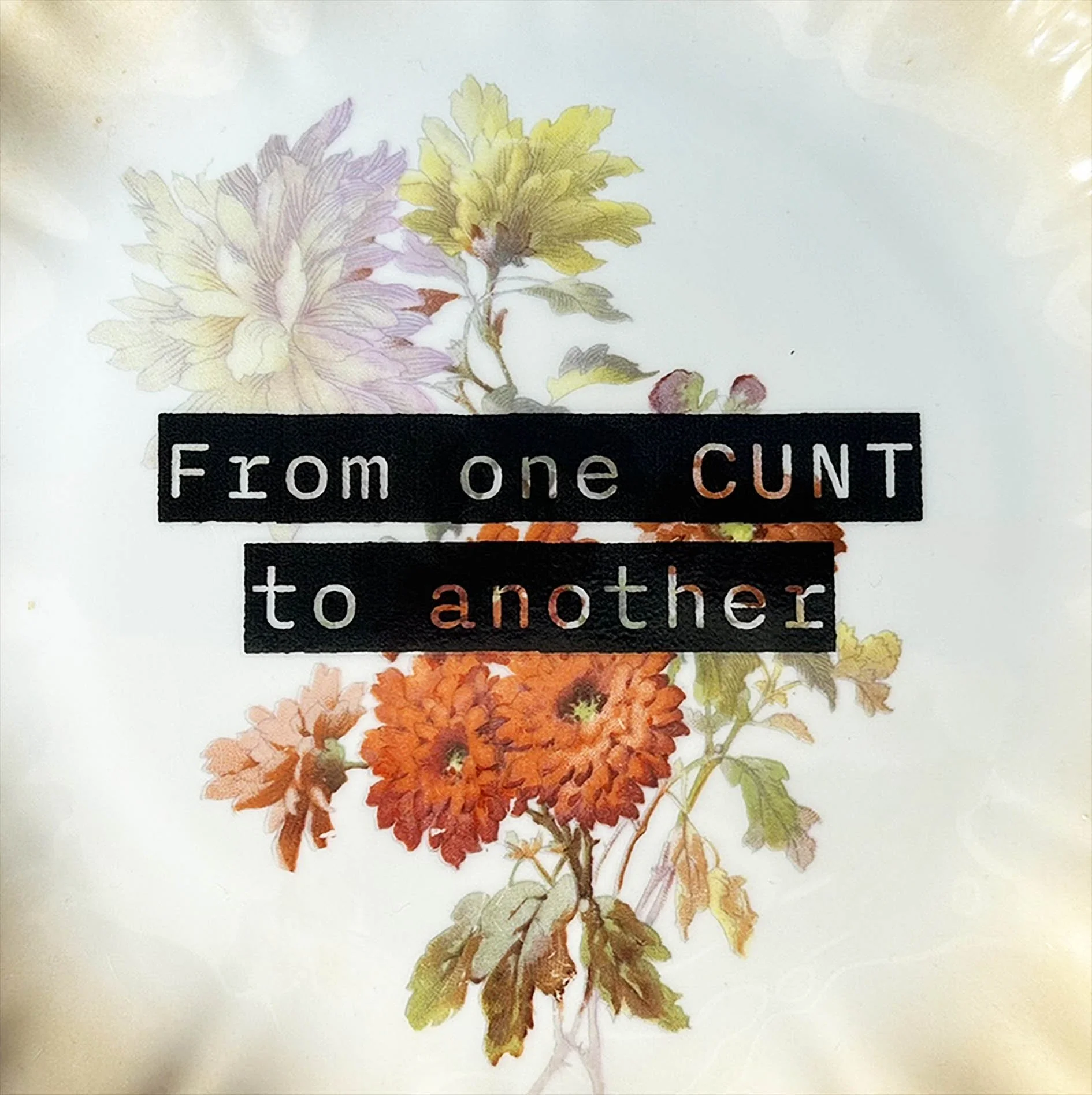 A vintage plate with a floral design with the words “from one cunt to another”
