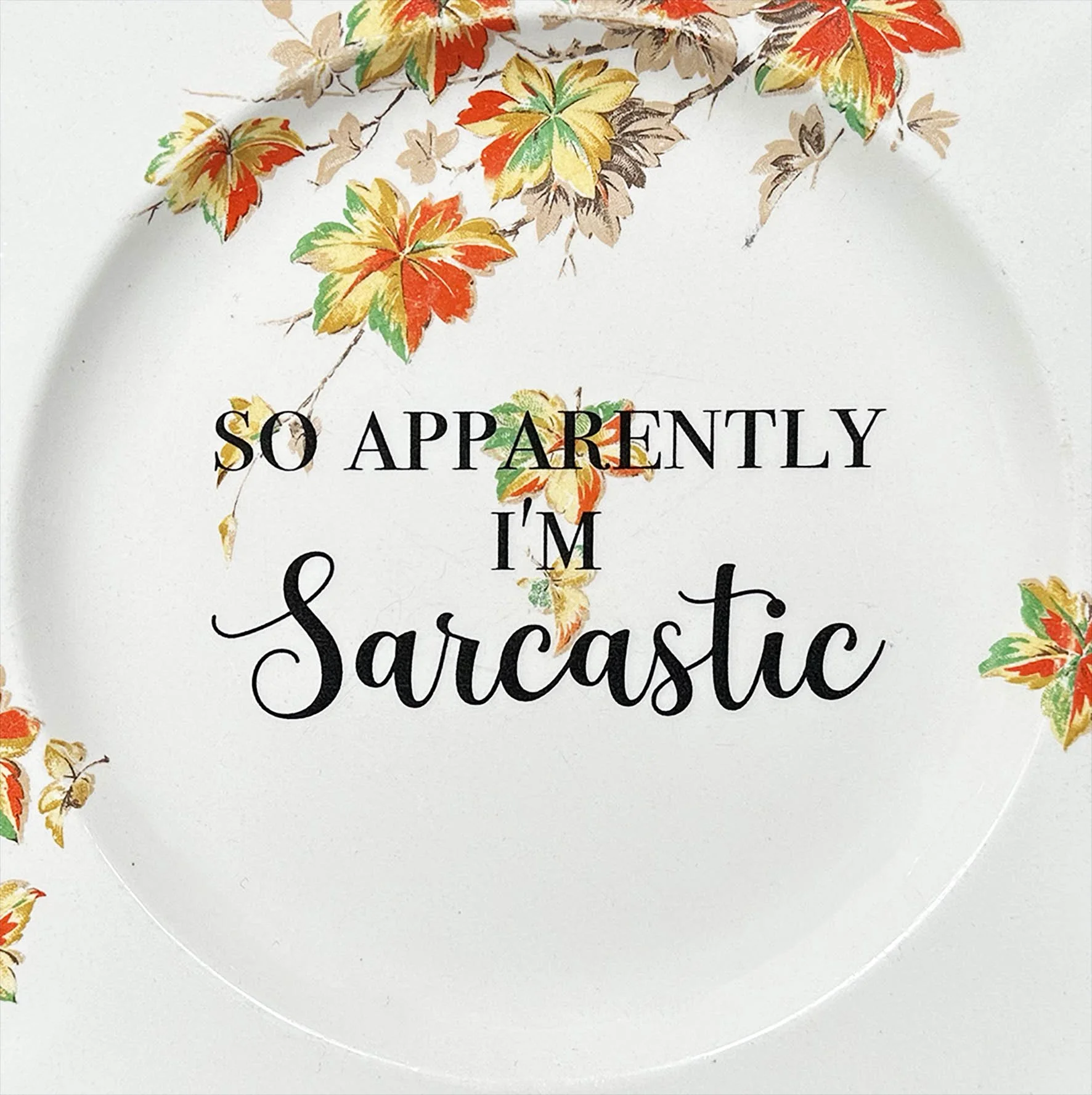 A vintage plate with a leaves pattern and the quote “so apparently I’m sarcastic”