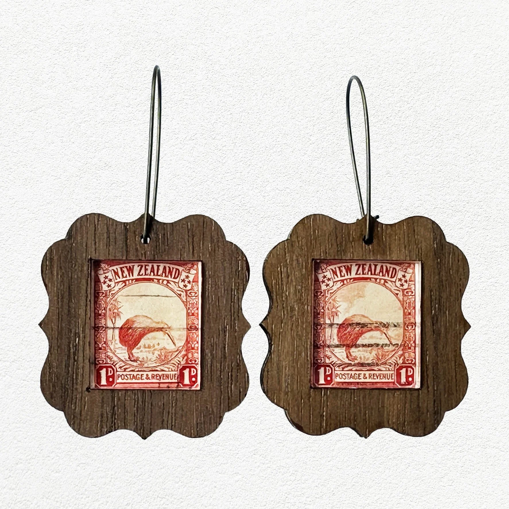 Wooden earings featuring vintage New Zealand Kiwi postage stamps