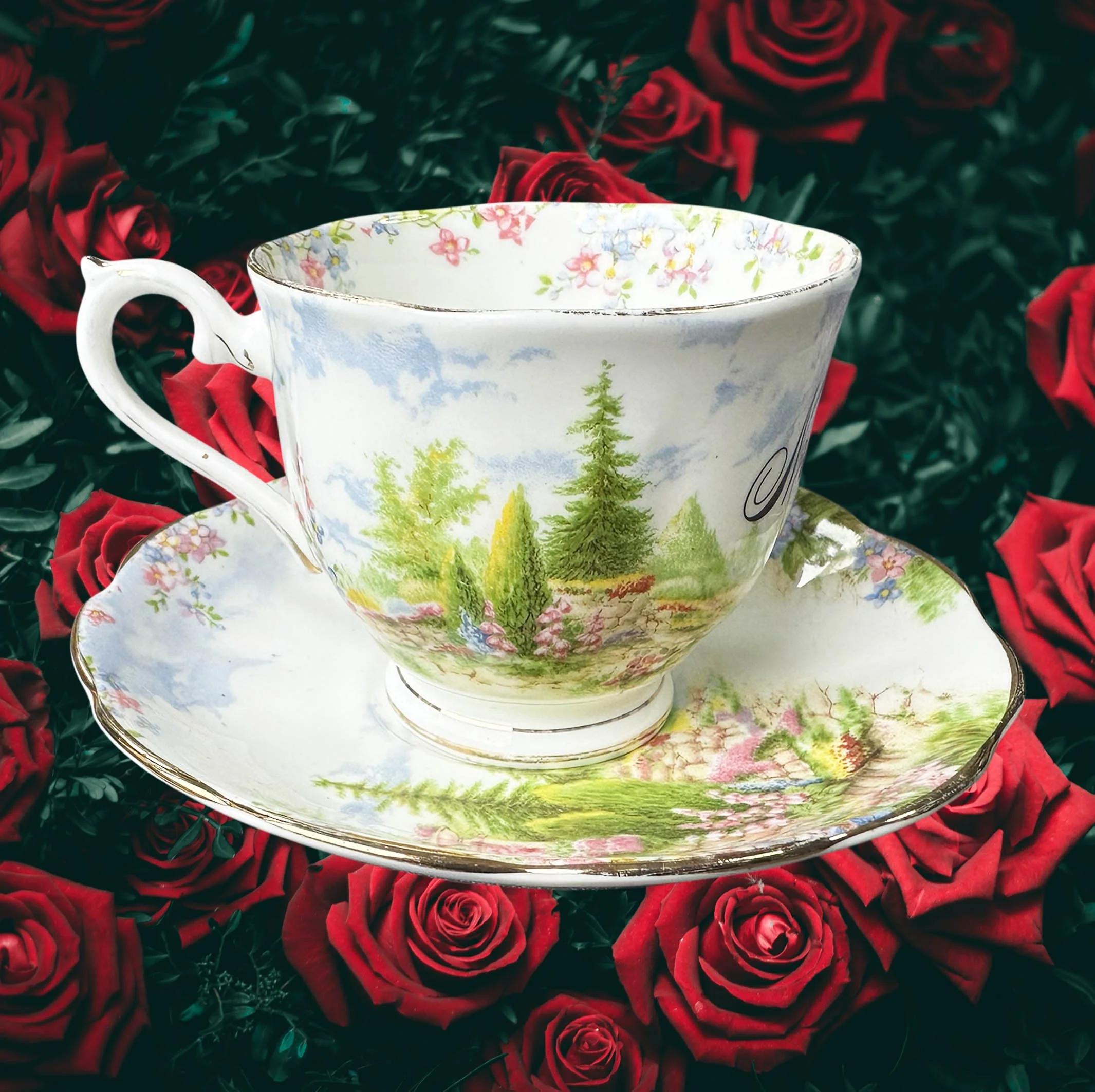 A vintage tea cup and saucer with a cottage garden scene design and the word "Motherfucker" in black cursive writing