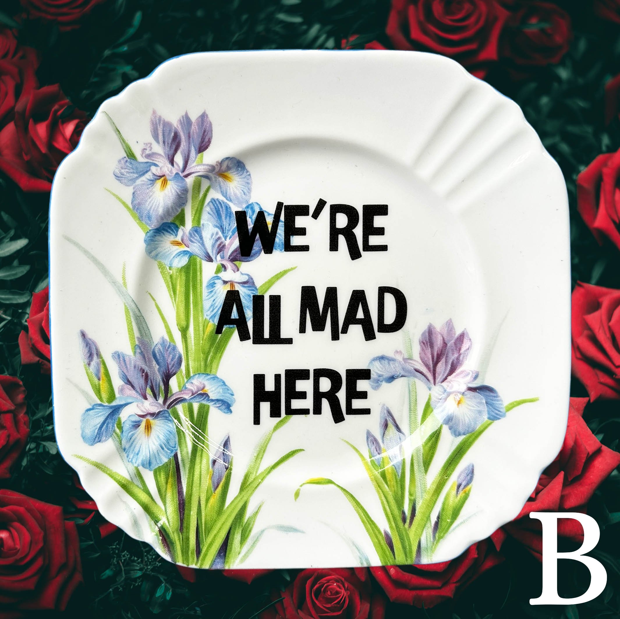 A vintage plate with blue flowers, the words “we’re all made here” in black lettering, Alice in Wonderland themed decorative wall plate