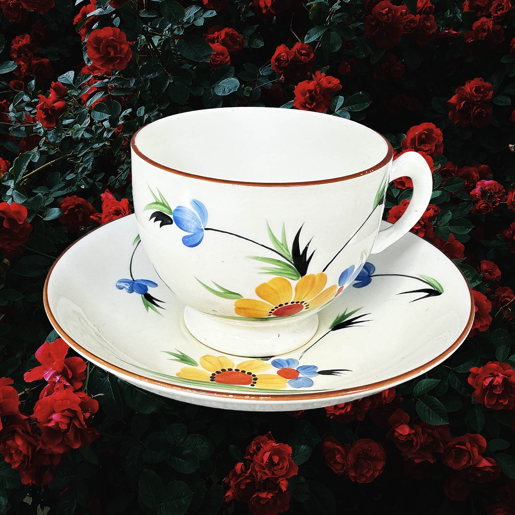 A vintage tea cup with a floral design and the words "classy bitch" in black writing