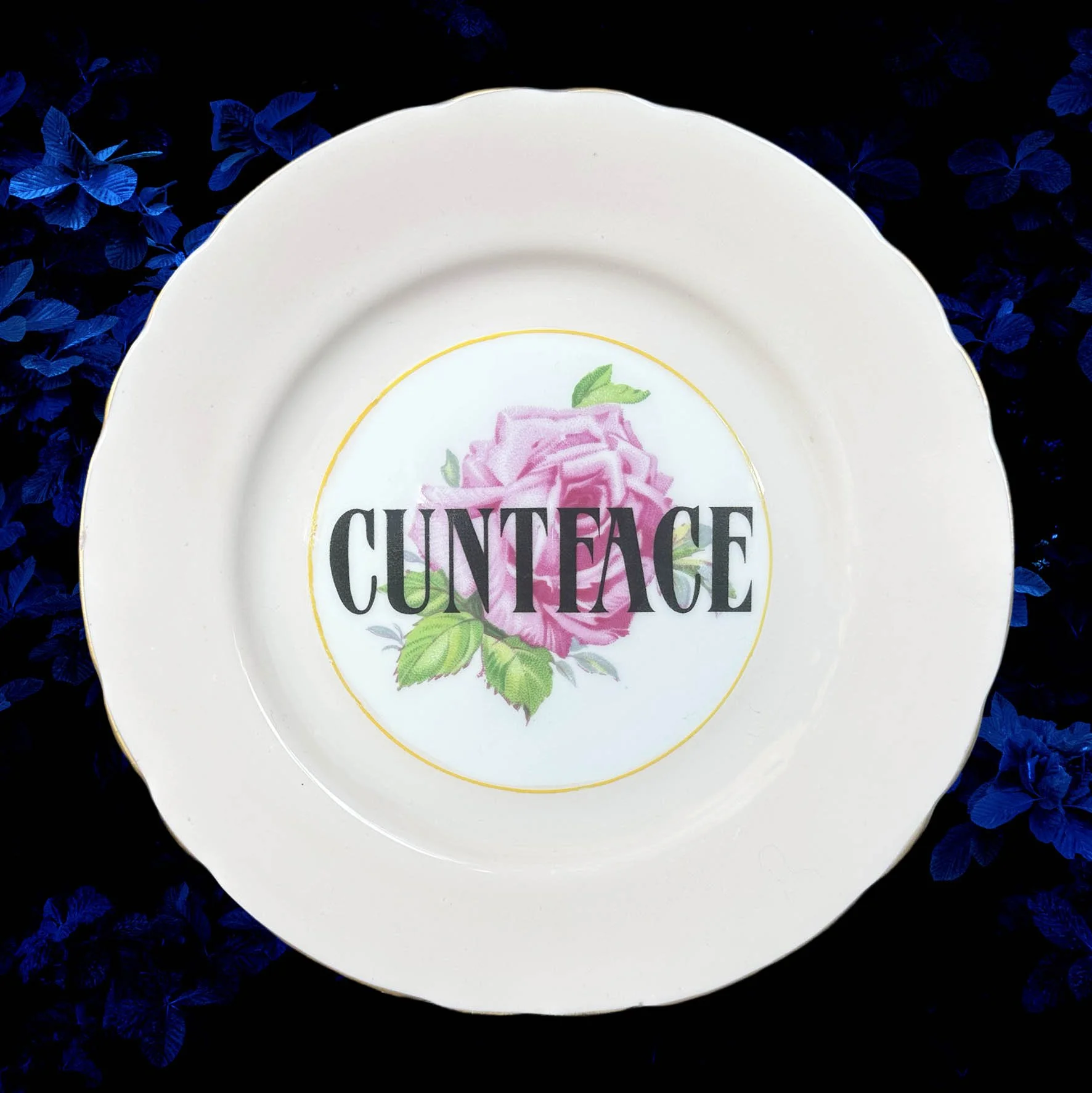 A vintage plate with a soft pink border and a floral design and the word “cuntface”