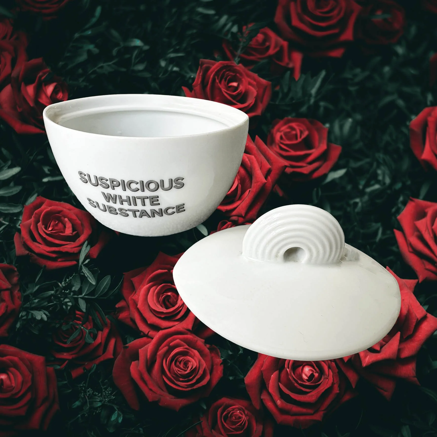 A white Thomas Germany sugar bowl with the quote “suspicious white substance” in black lettering