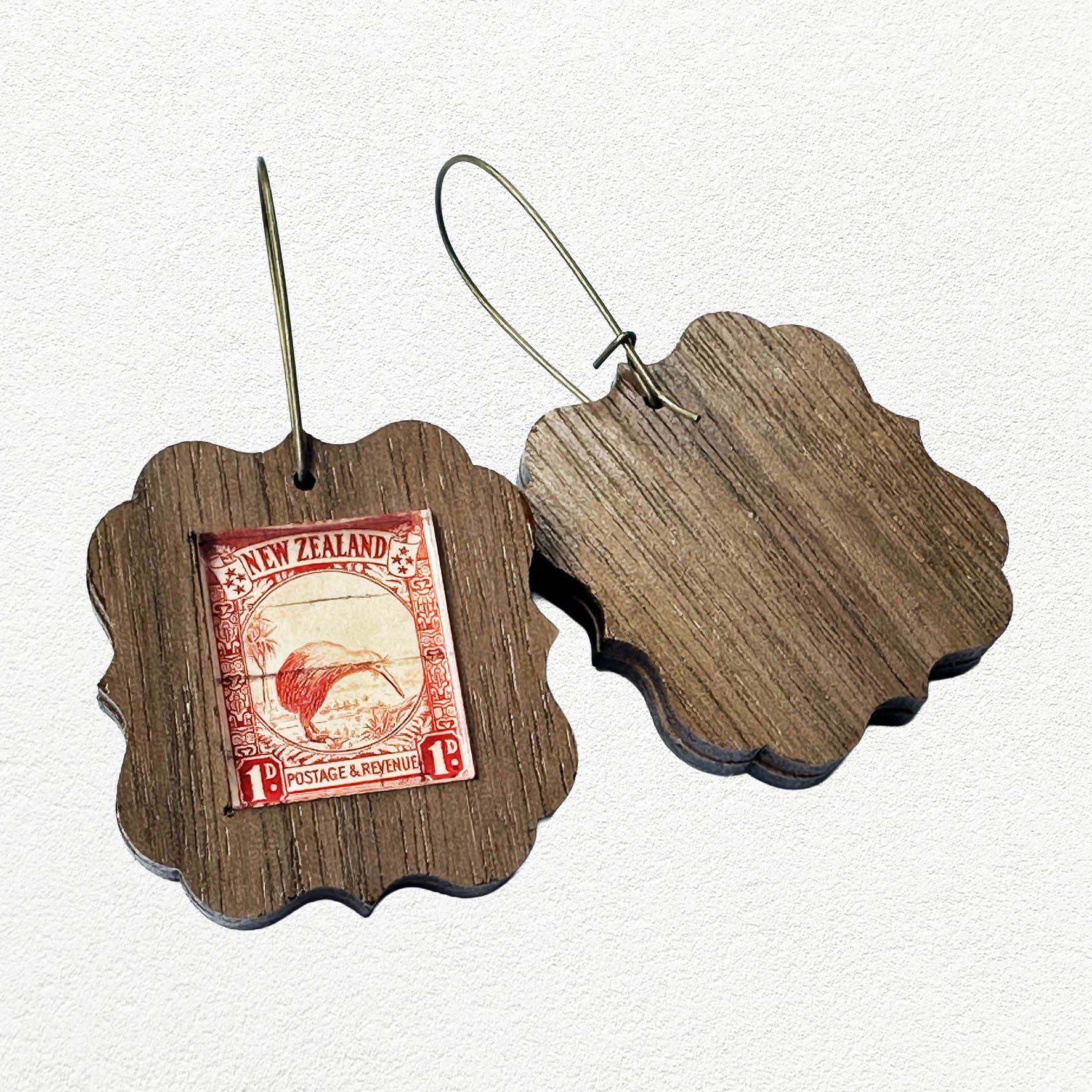 Wooden earings featuring vintage New Zealand Kiwi postage stamps