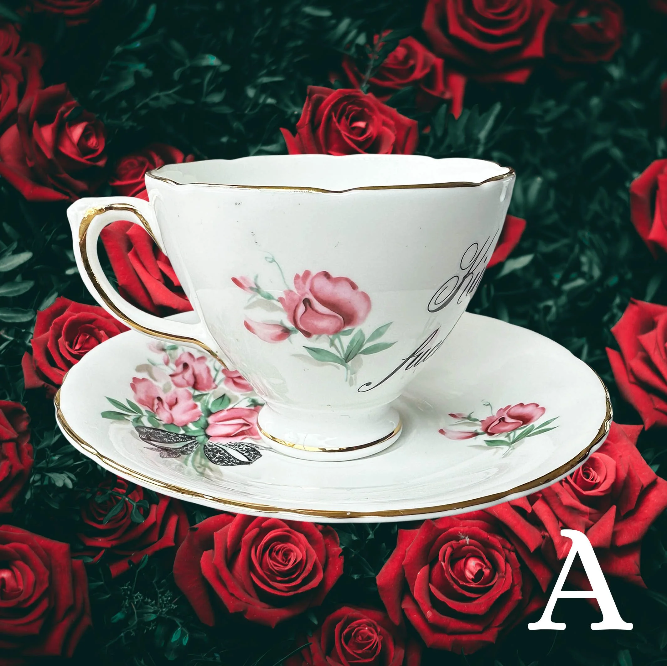 A vintage tea cup and saucer set with a pink floral design and the words "kindly fuck off" in black cursive writing