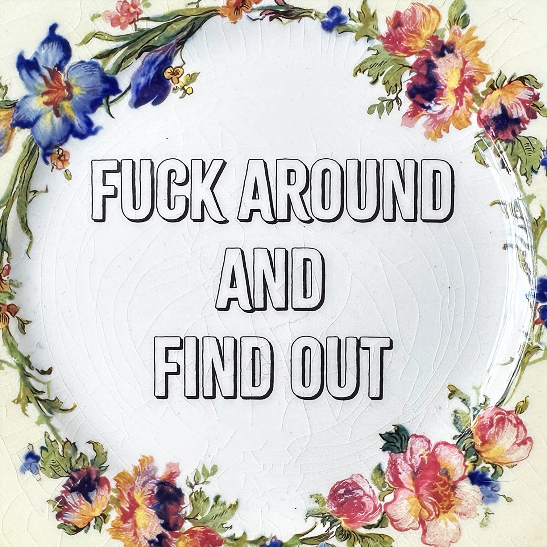 A vintage plate with a cheeky quote “fuck around and find out”