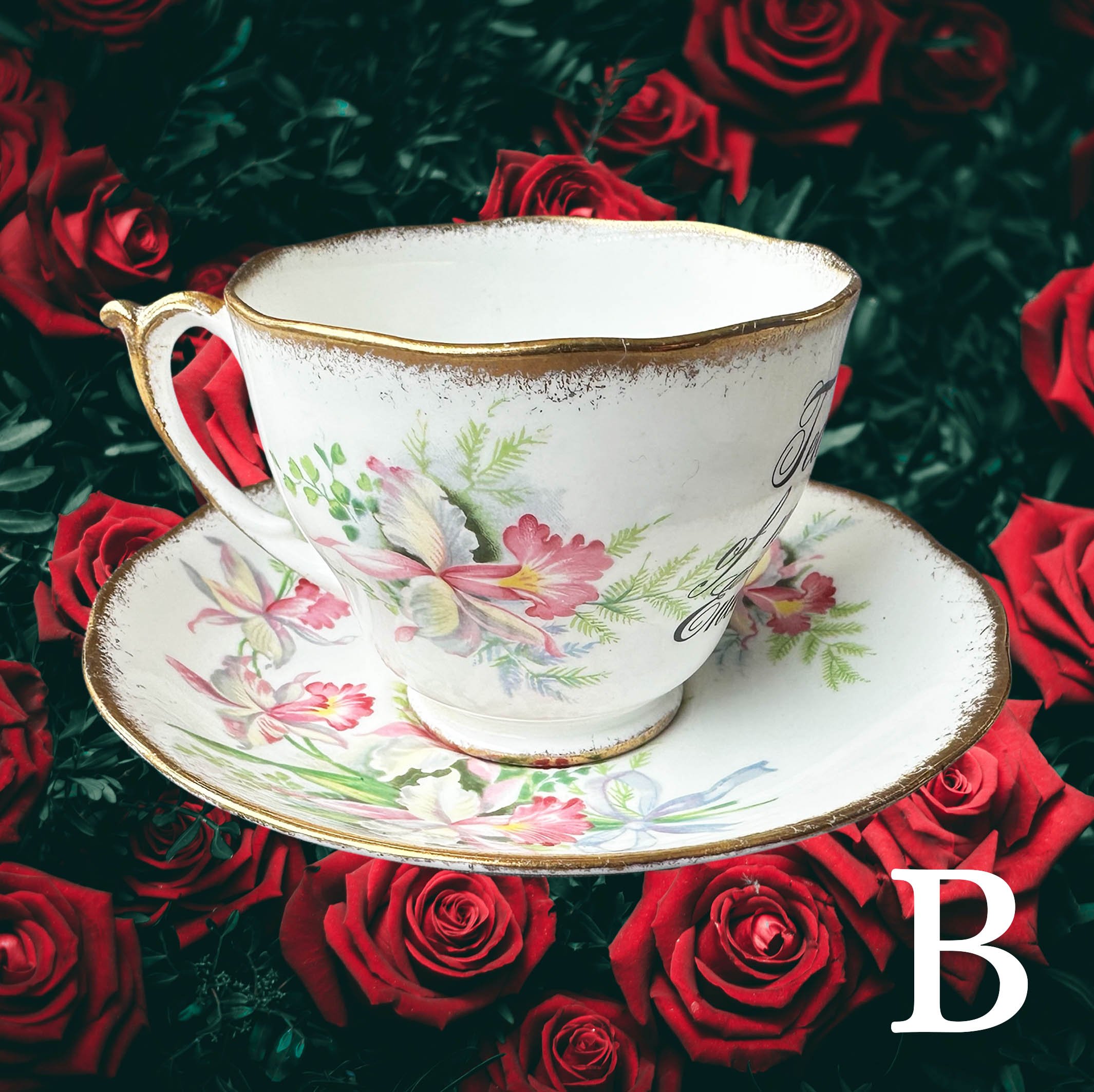 Tears of my enemies, funny vintage tea cup, vintage tea cup with a pink floral design and black cursive writing