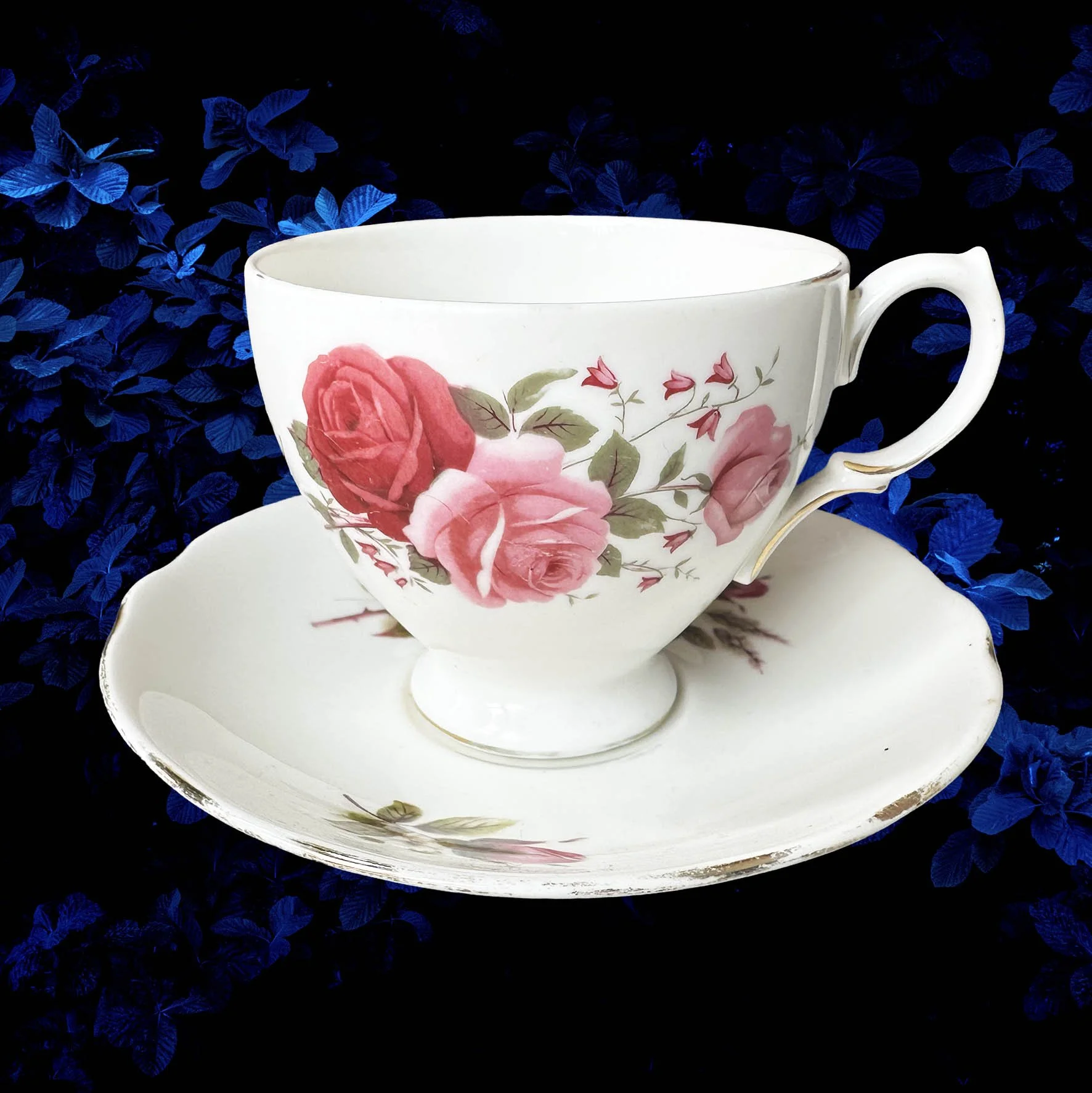 A vintage tea cup and saucer set with an funny quote “badass bitch” in black writing