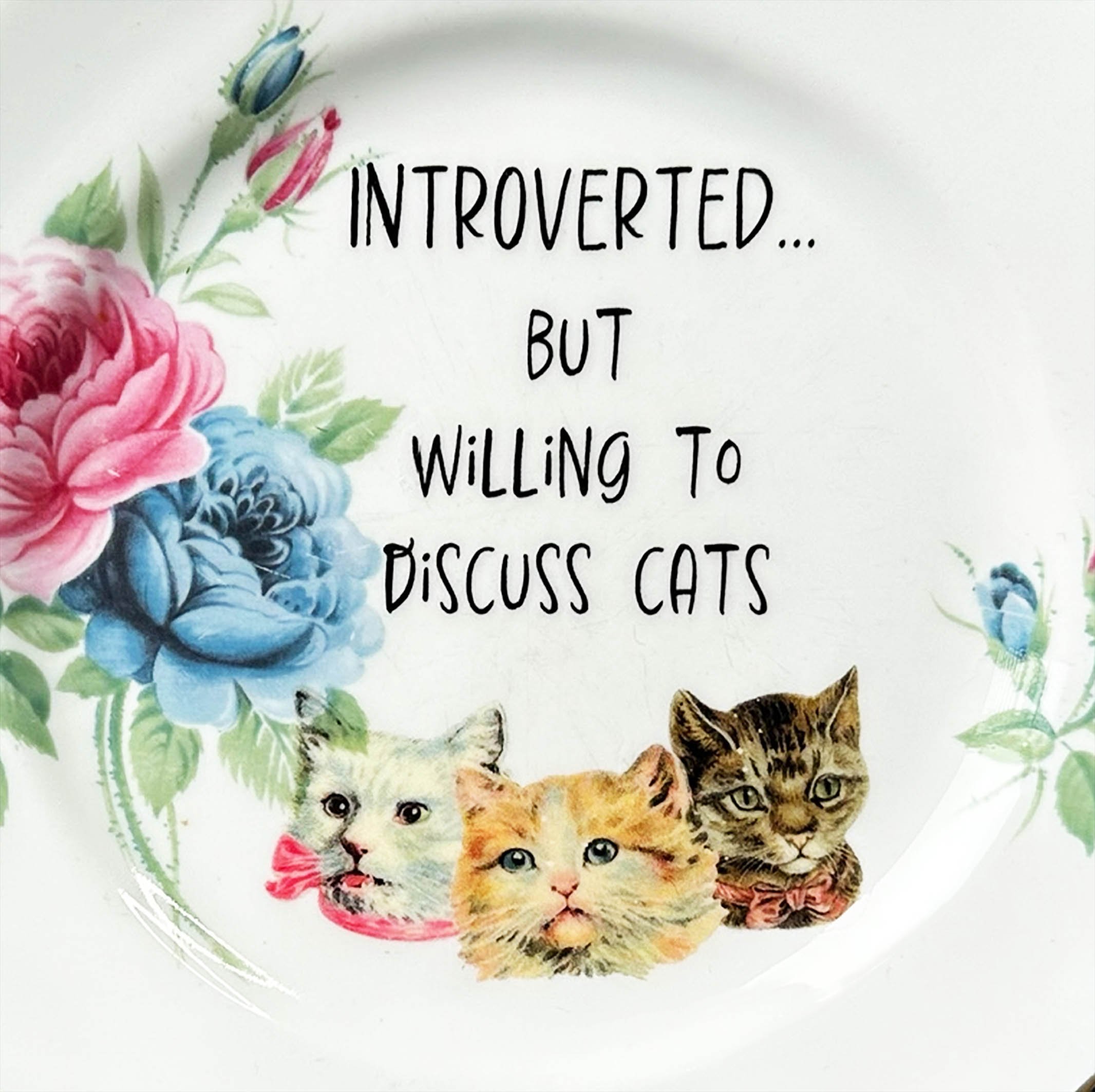 Introverted…but willing to discuss cats, funny decorative wall plate, vintage plate with pink and blue flowers and a picture of three vintage cats