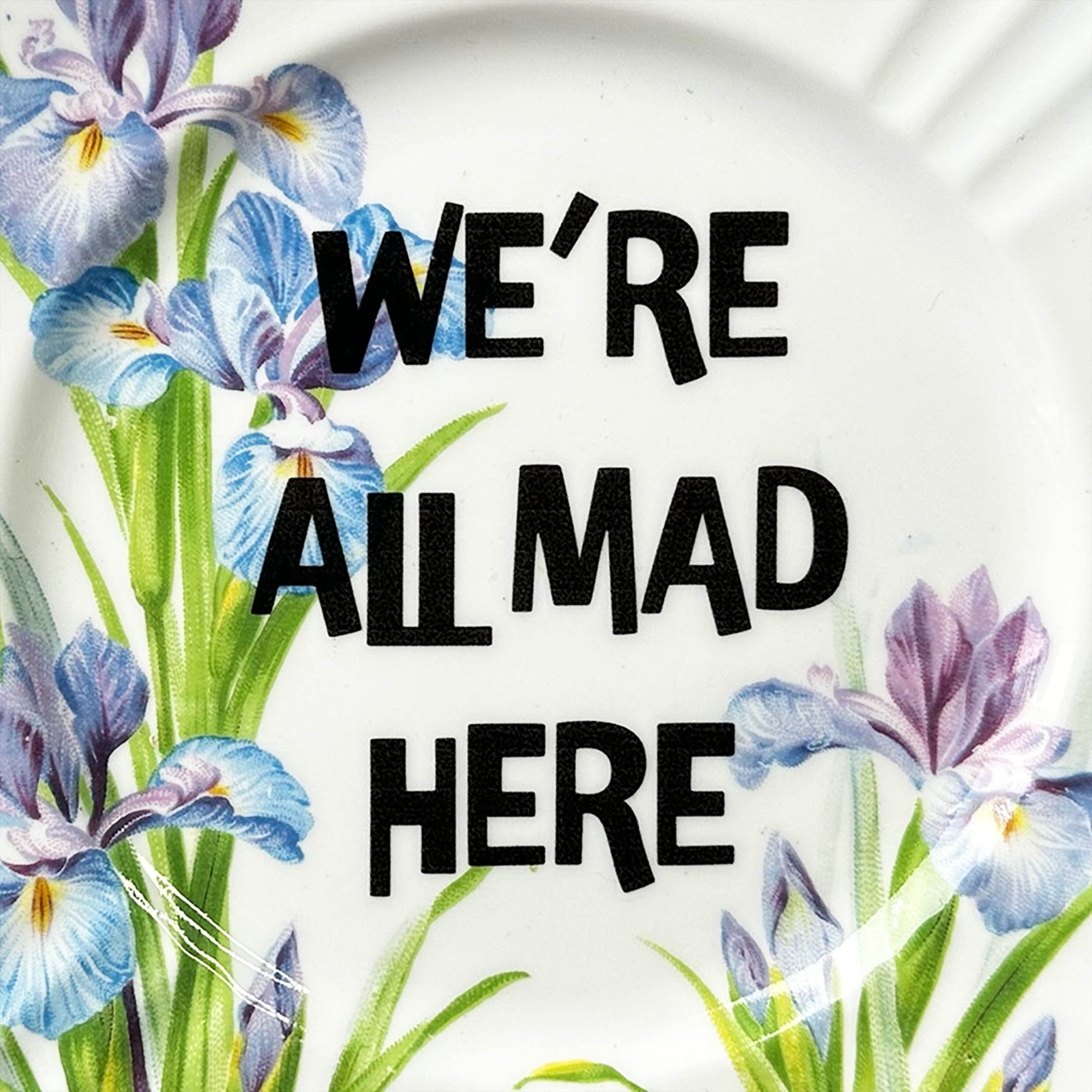 A vintage plate with blue flowers, the words “we’re all made here” in black lettering, Alice in Wonderland themed decorative wall plate