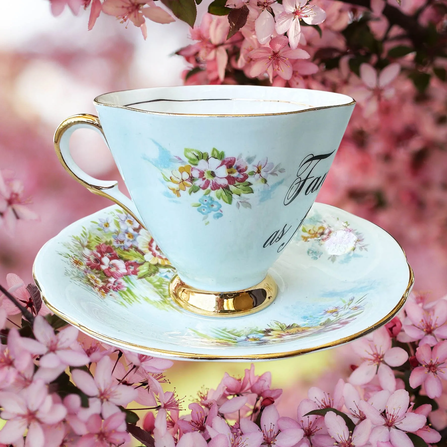 A light blue vintage tea cup and saucer with a blue floral design, with the words "fancy as fuck" in black cursive writing
