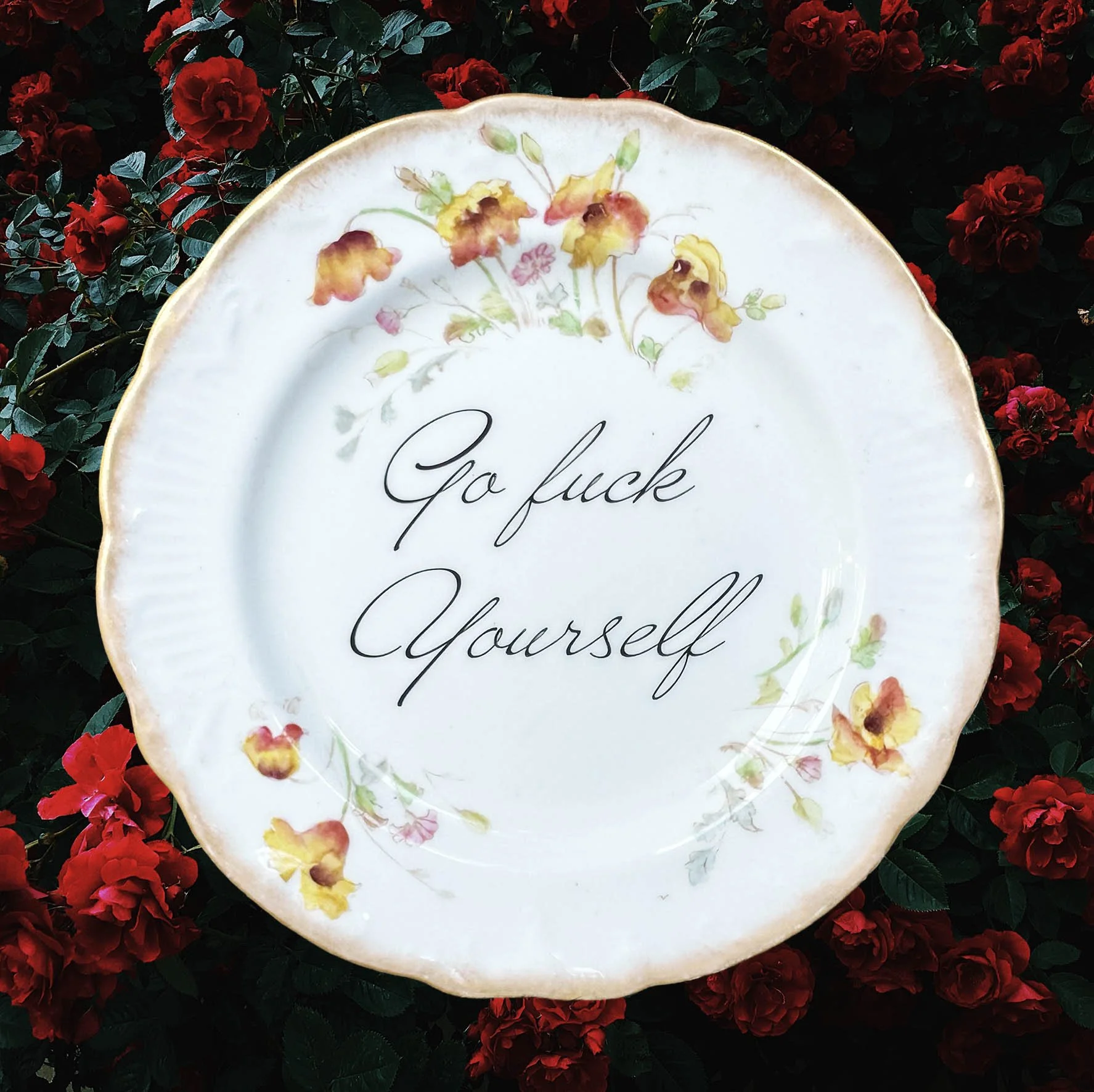 A vintage plate with floral design and the quote “go fuck yourself”