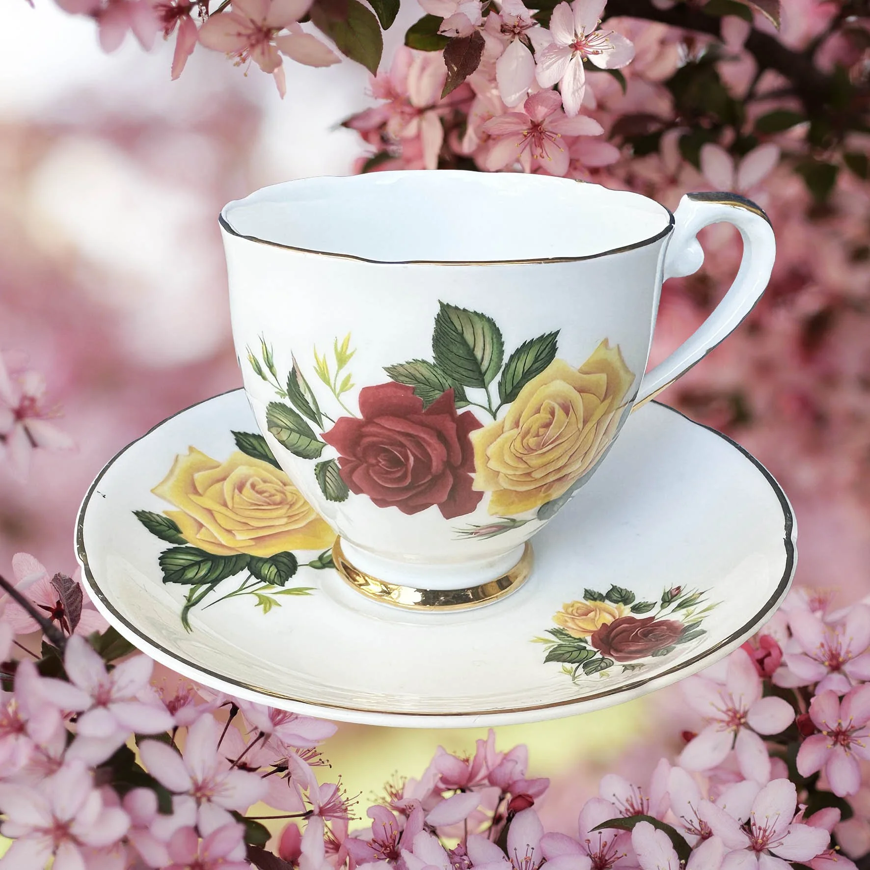 A vintage tea cup and saucer with a red and yellowfloral design, with the words "fancy as fuck" in black cursive writing