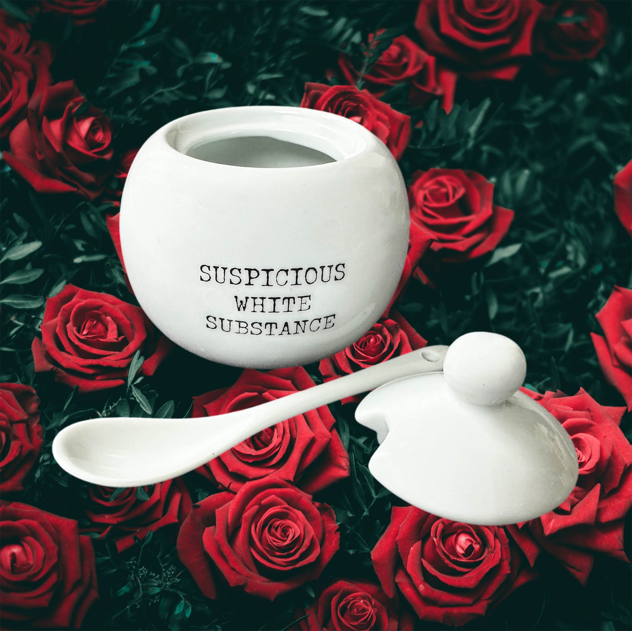 Suspicious White Substance, funny sugar bowl, upcycled white sugar bowl with black text