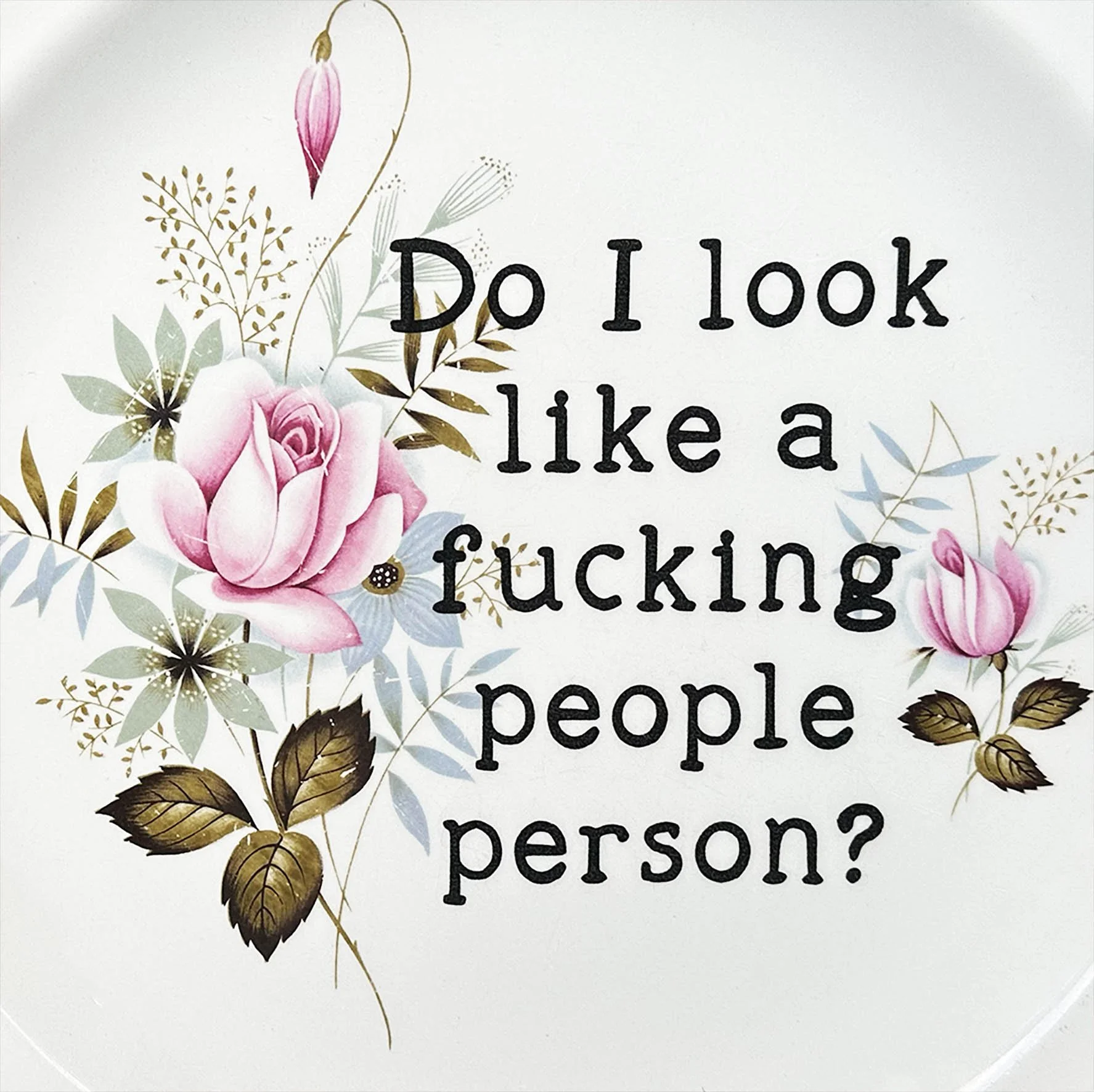A vintage plate with a pink floral design and a sassy quote "Do I look like a fucking people person?"