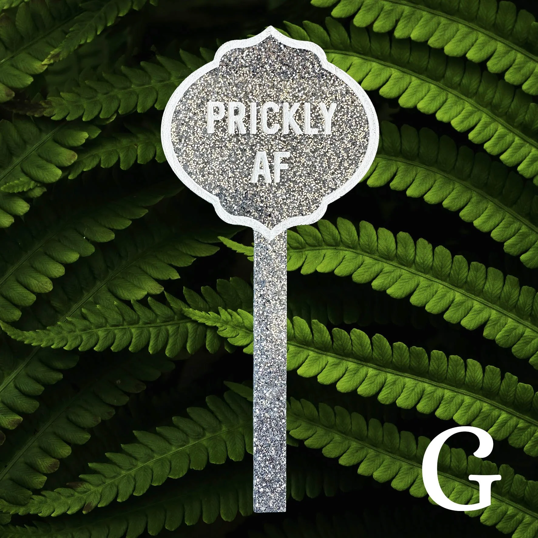 G, silver glitter acrylic planter stick label with the words “prickly AF” in white lettering