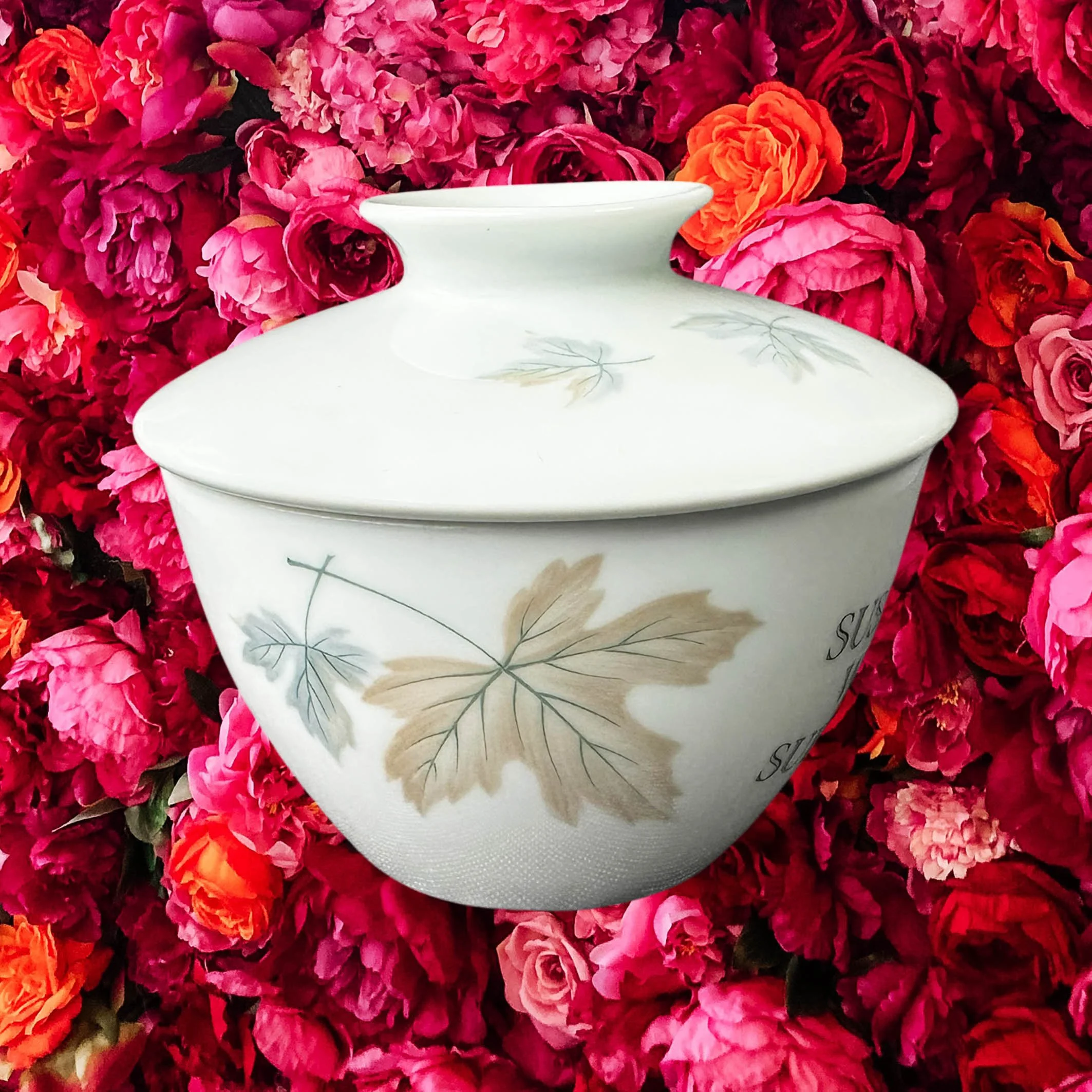 A vintage Noritake sugar bowl with a maple leaf design and the words “suspicious white substance” in black lettering