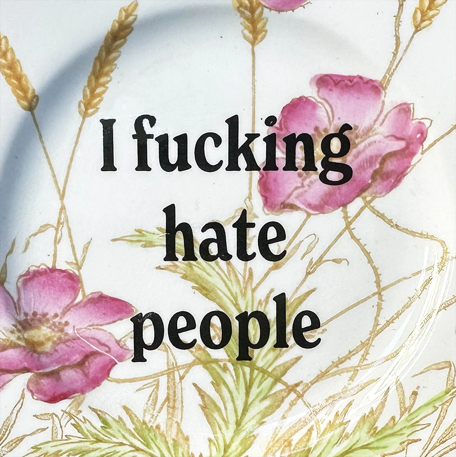 A vintage plate with a pink floral design and the quote “I fucking hate people”