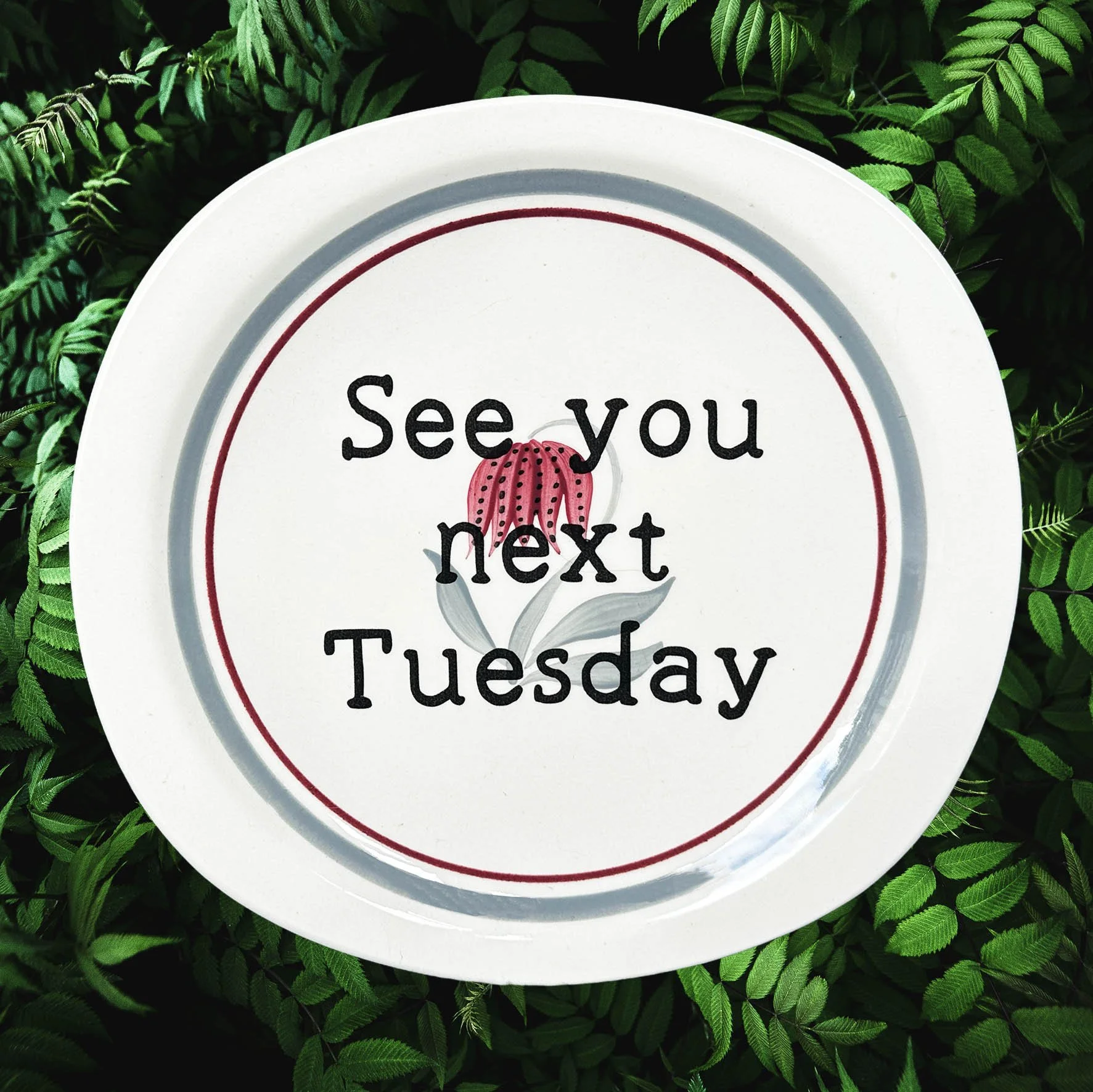 A vintage plate with a cheeky quote "see you next Tuesday"