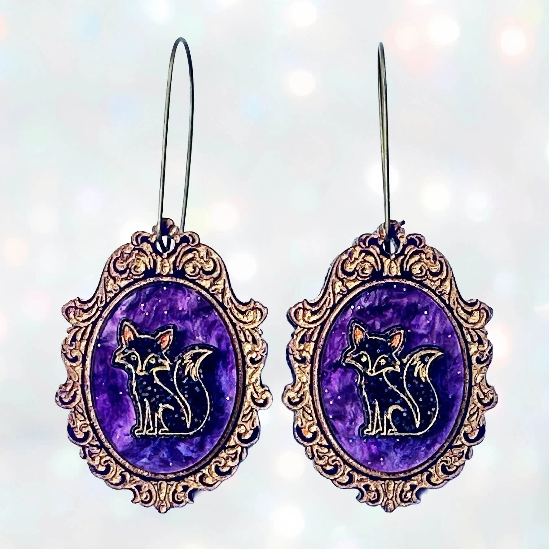 Fox Earrings - Purple & Gold Glitter