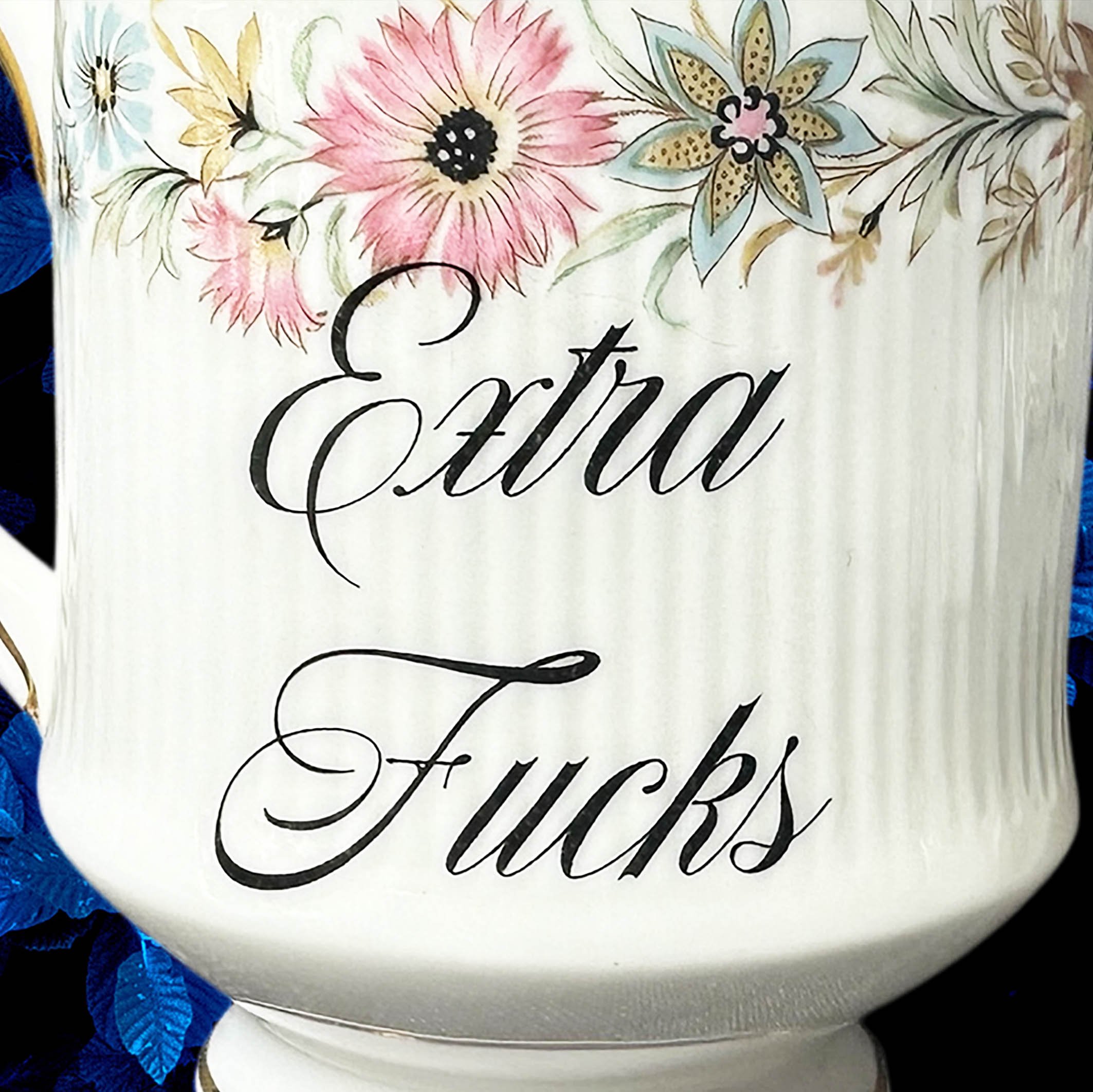 Extra fucks funny rude sassy upcycled vintage milk jug, milk jug with pink and blue flowers and black cursive writing