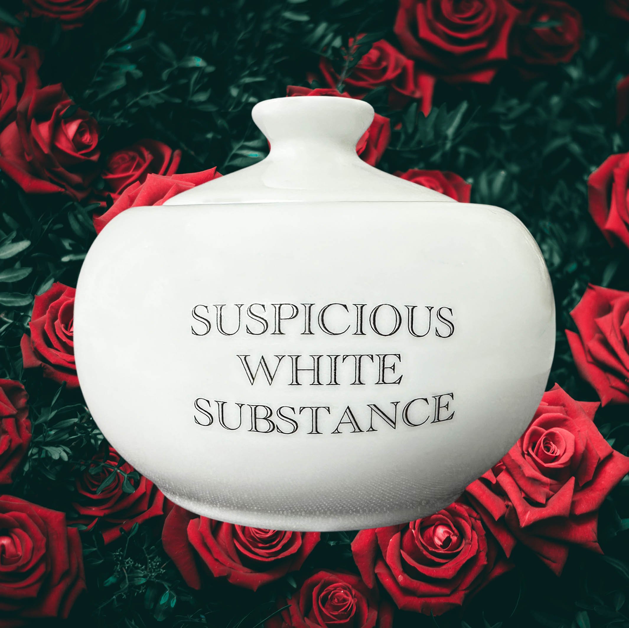 White sugar bowl with the words “suspicious white substance”in black lettering