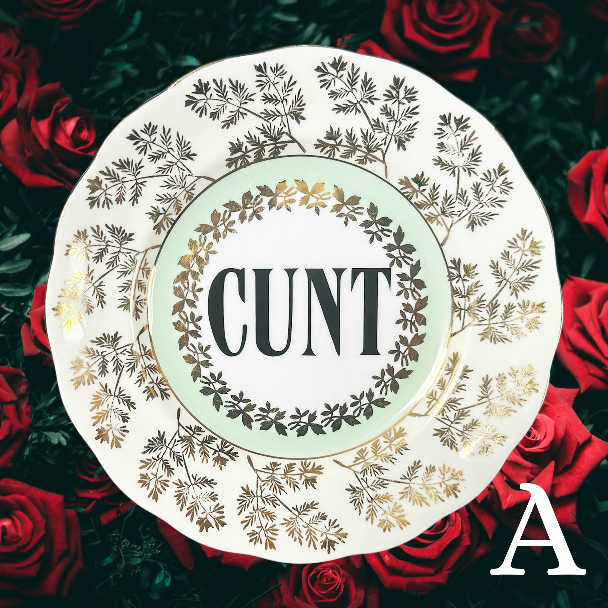 Cunt, explicit naughty decorative wall plate, vintage green and gold plate with black lettering