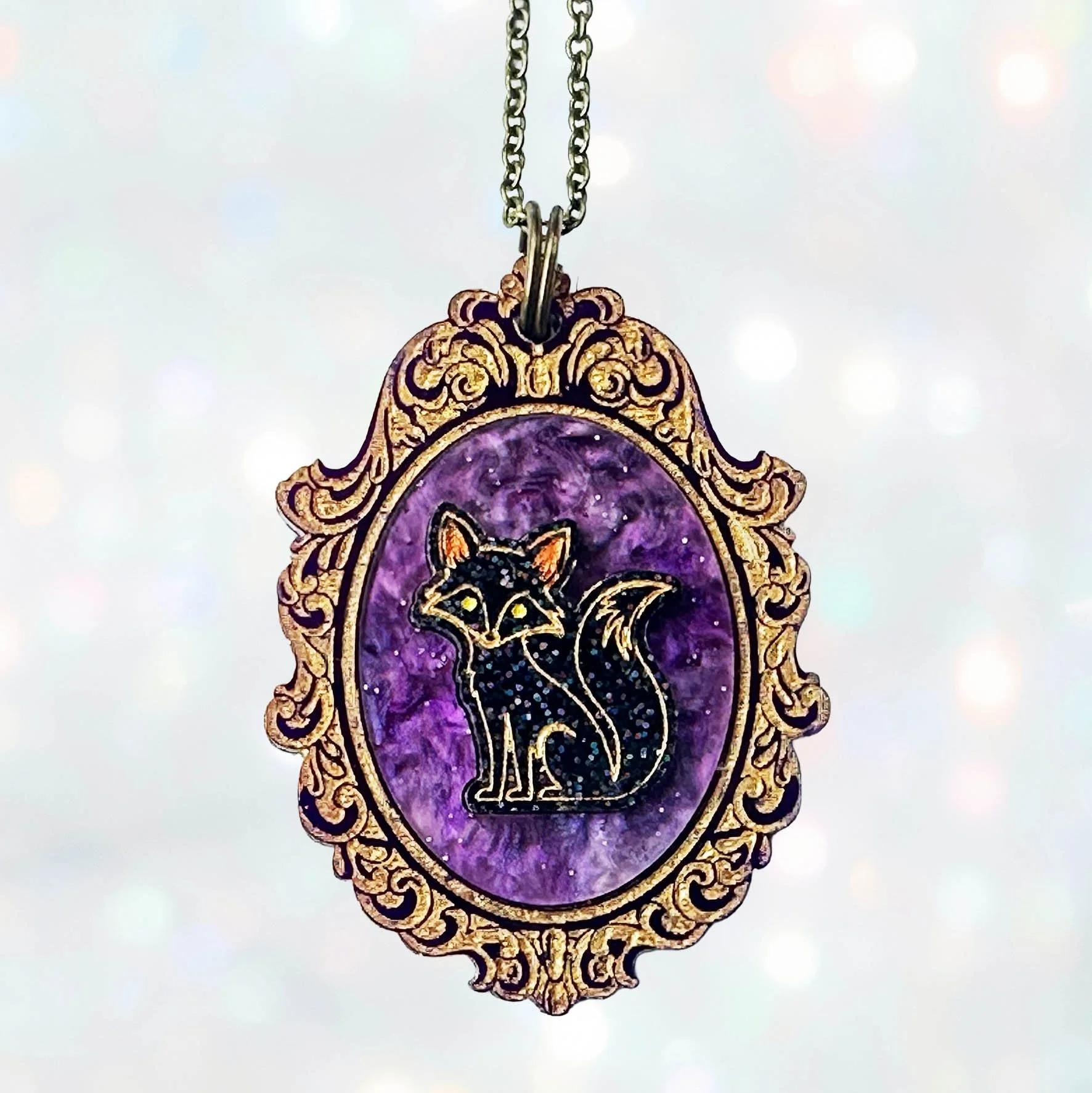 Fox Necklace - Purple Gold & Black Glitter