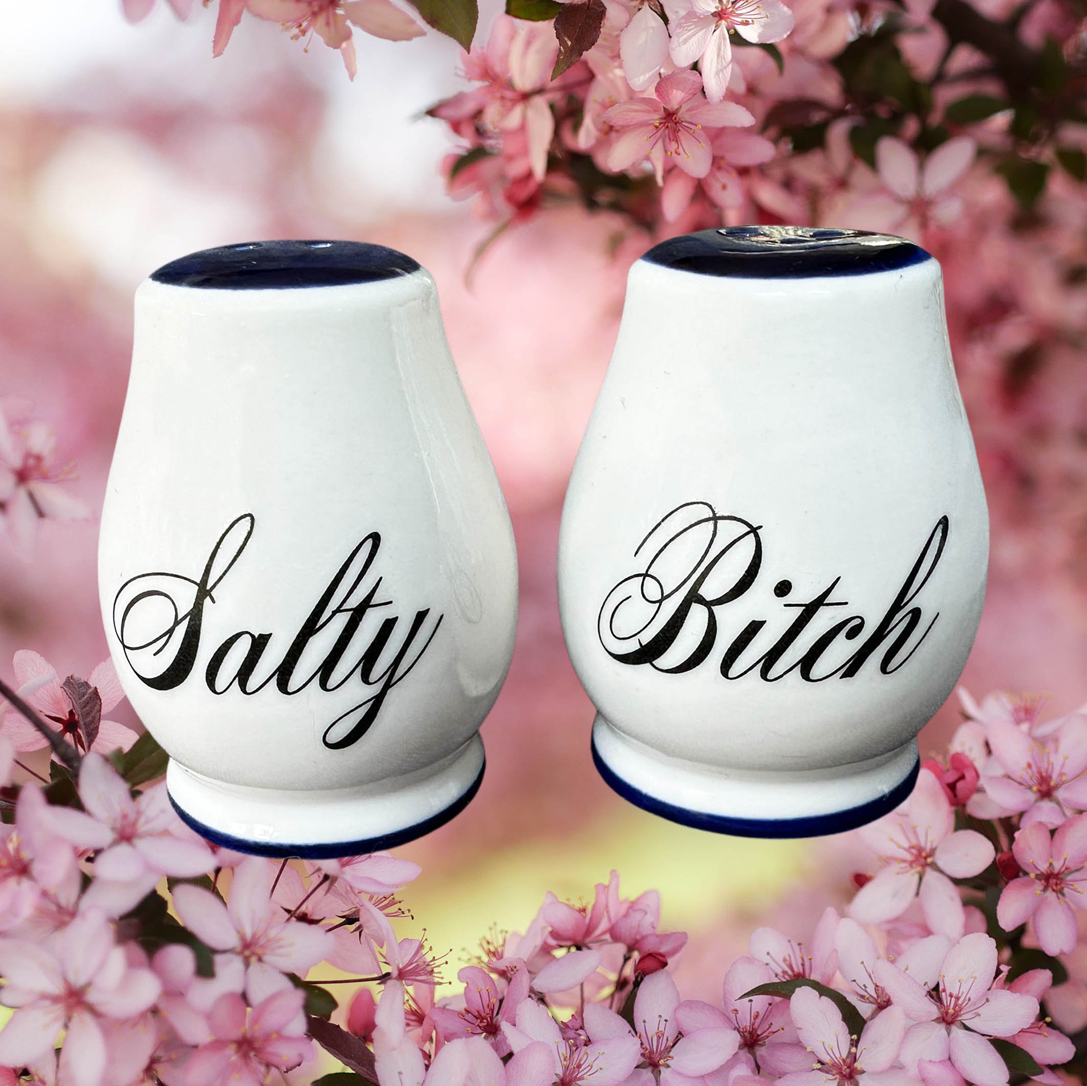 White salt and pepper shakers with blue flowers, the words “salty” and “bitch” in black cursive writing